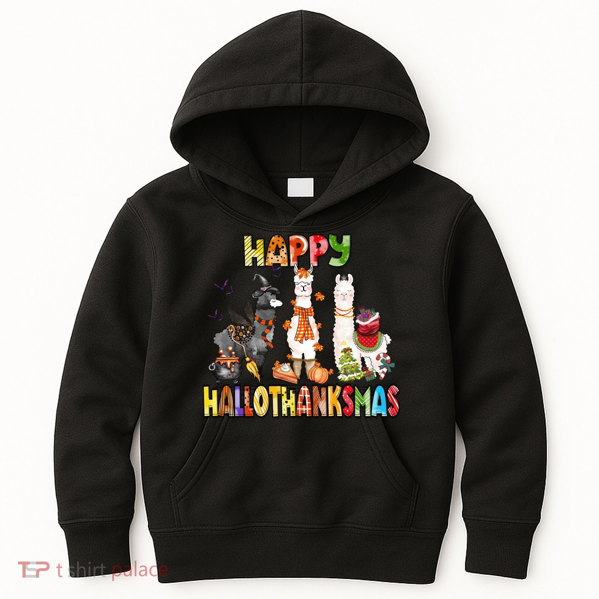 Llama Happy Hallothanksmas Halloween Thanksgiving Xmas Kids Hoodie