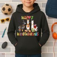 Llama Happy Hallothanksmas Halloween Thanksgiving Xmas Kids Hoodie thumb 2