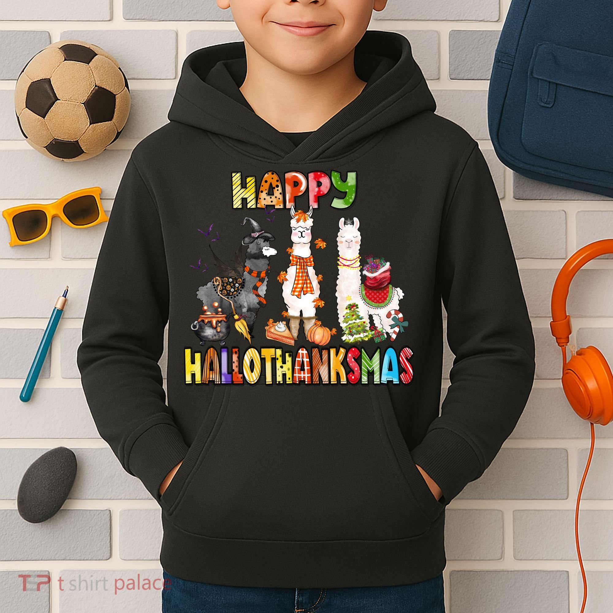 Llama Happy Hallothanksmas Halloween Thanksgiving Xmas Kids Hoodie