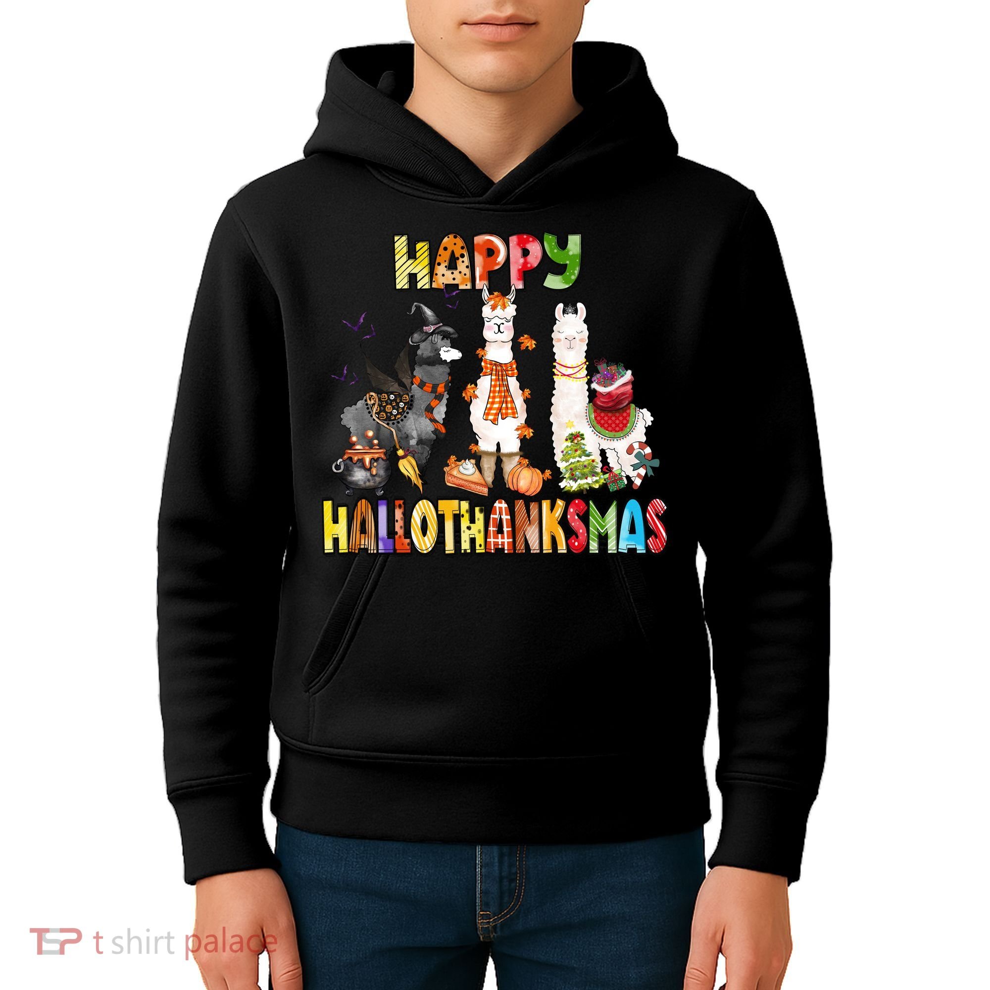 Llama Happy Hallothanksmas Halloween Thanksgiving Xmas Kids Hoodie