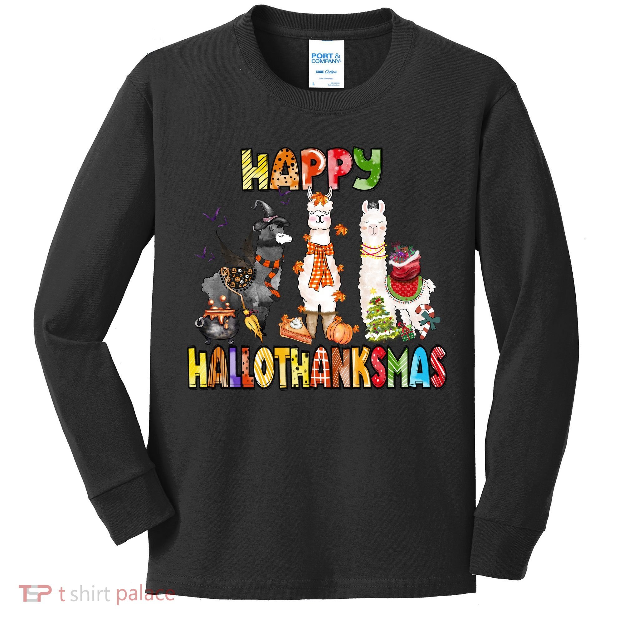 Llama Happy Hallothanksmas Halloween Thanksgiving Xmas Kids Long Sleeve Shirt