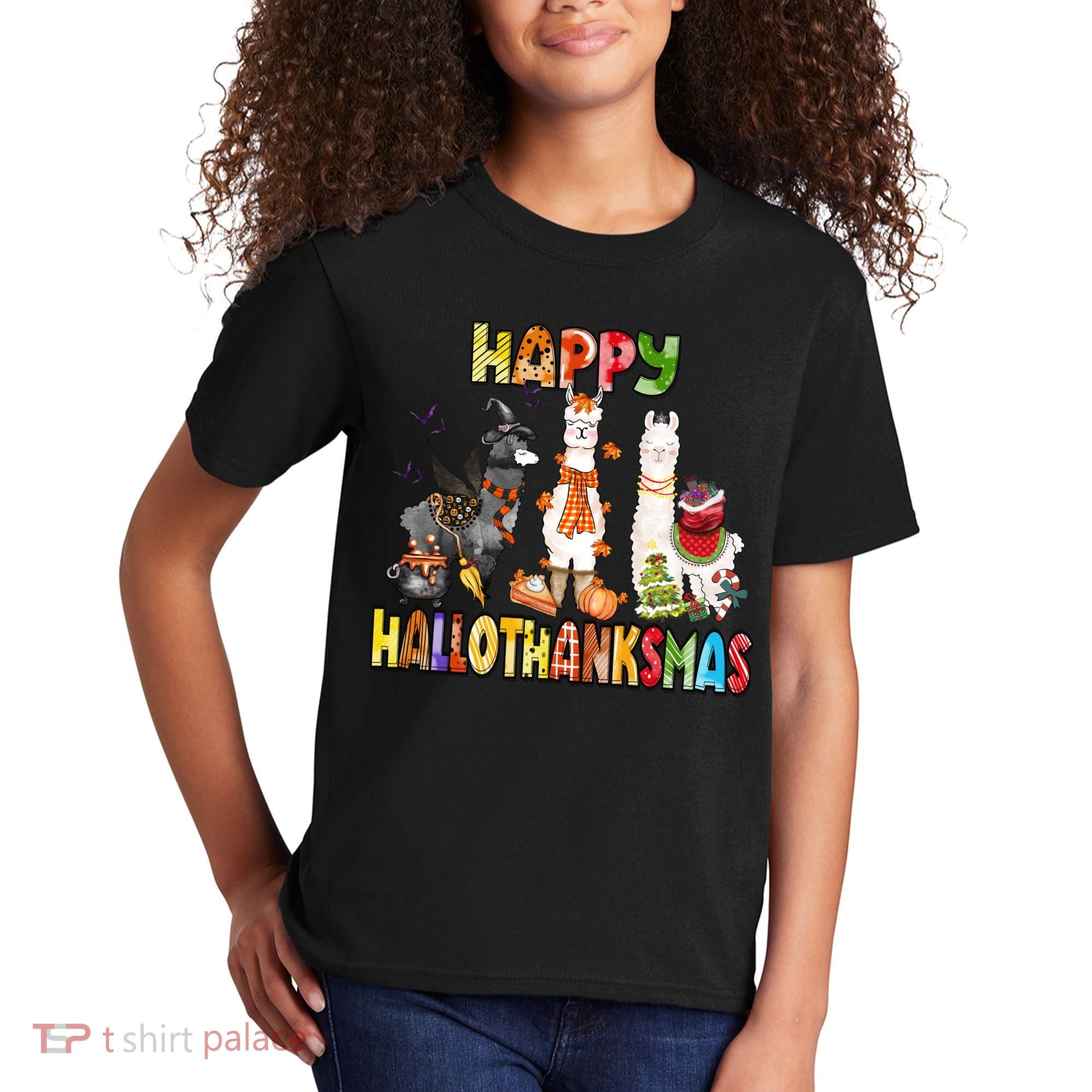Llama Happy Hallothanksmas Halloween Thanksgiving Xmas Kids T-Shirt