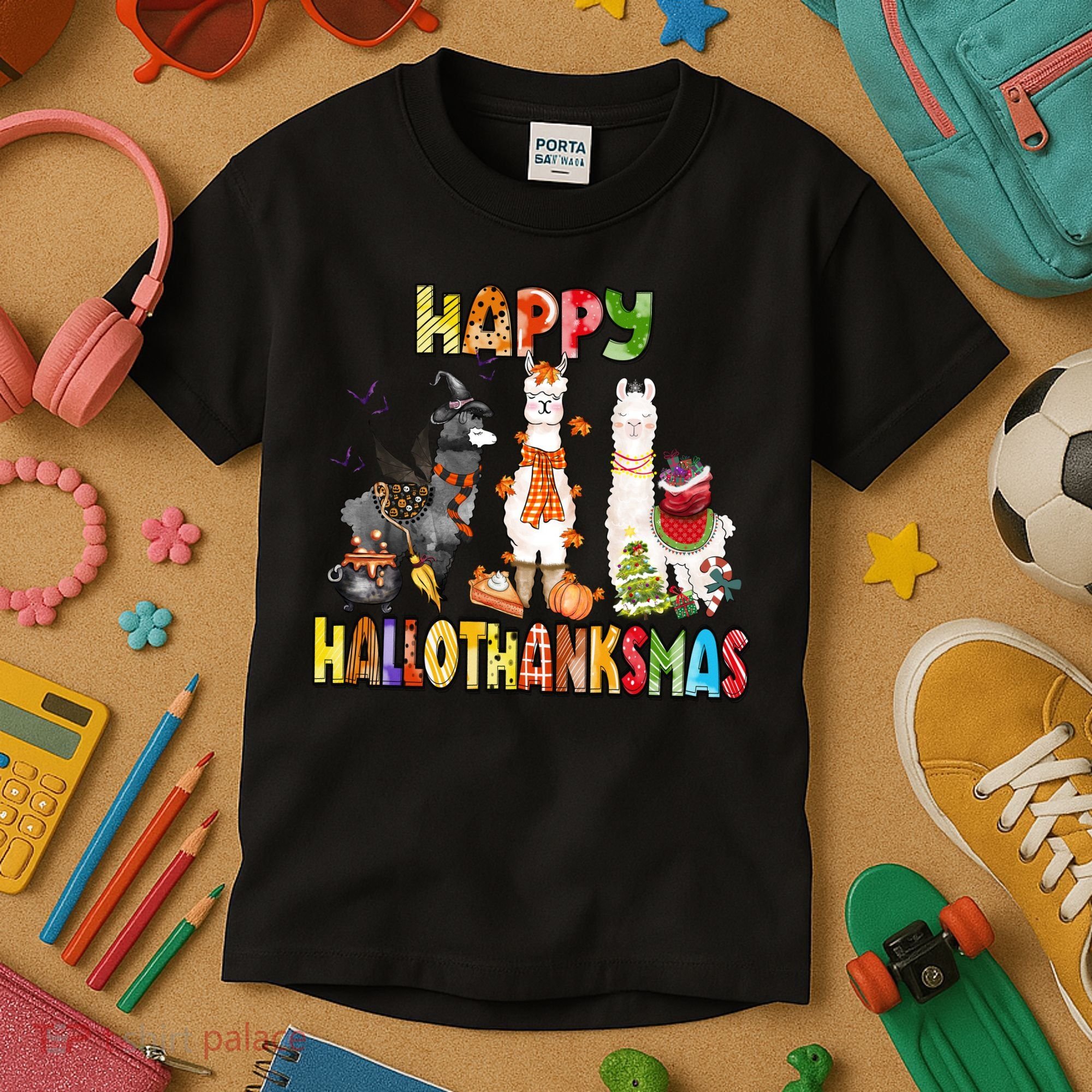 Llama Happy Hallothanksmas Halloween Thanksgiving Xmas Kids T-Shirt