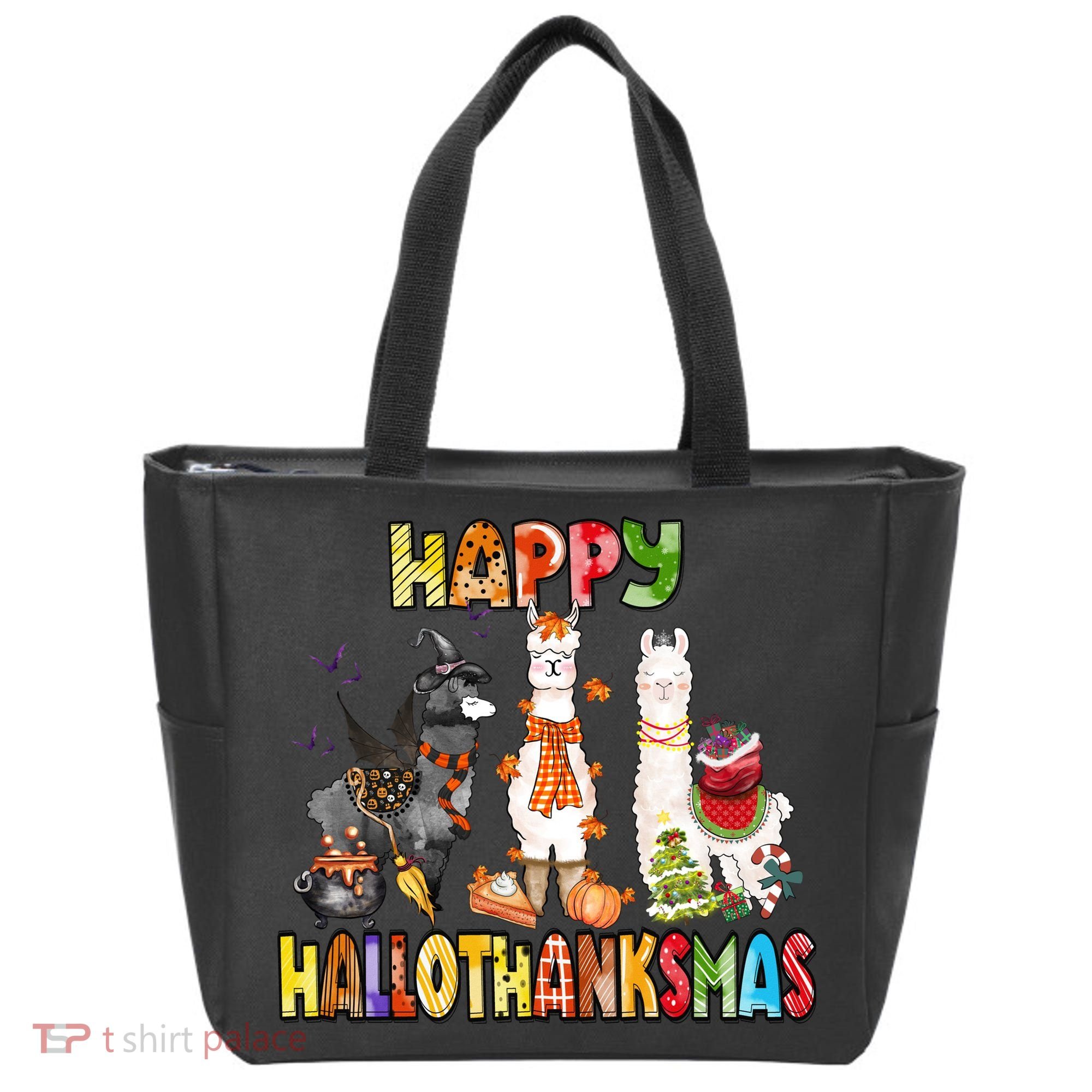 Llama Happy Hallothanksmas Halloween Thanksgiving Xmas Tote Bag