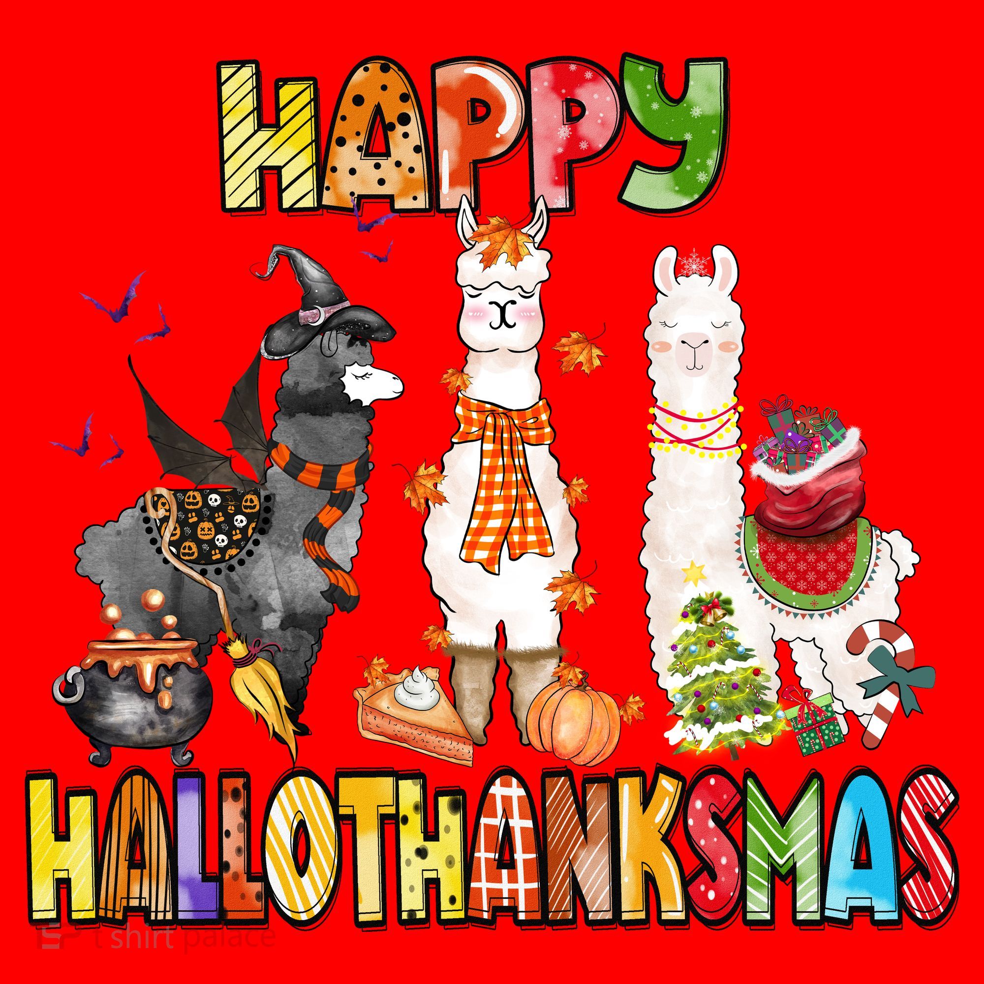 Llama Happy Hallothanksmas Halloween Thanksgiving Xmas Santa Hat