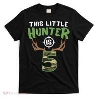 Little Hunter Is 5 Birthday Boys 5th Birthday Deer Hunter T-Shirt thumb 0