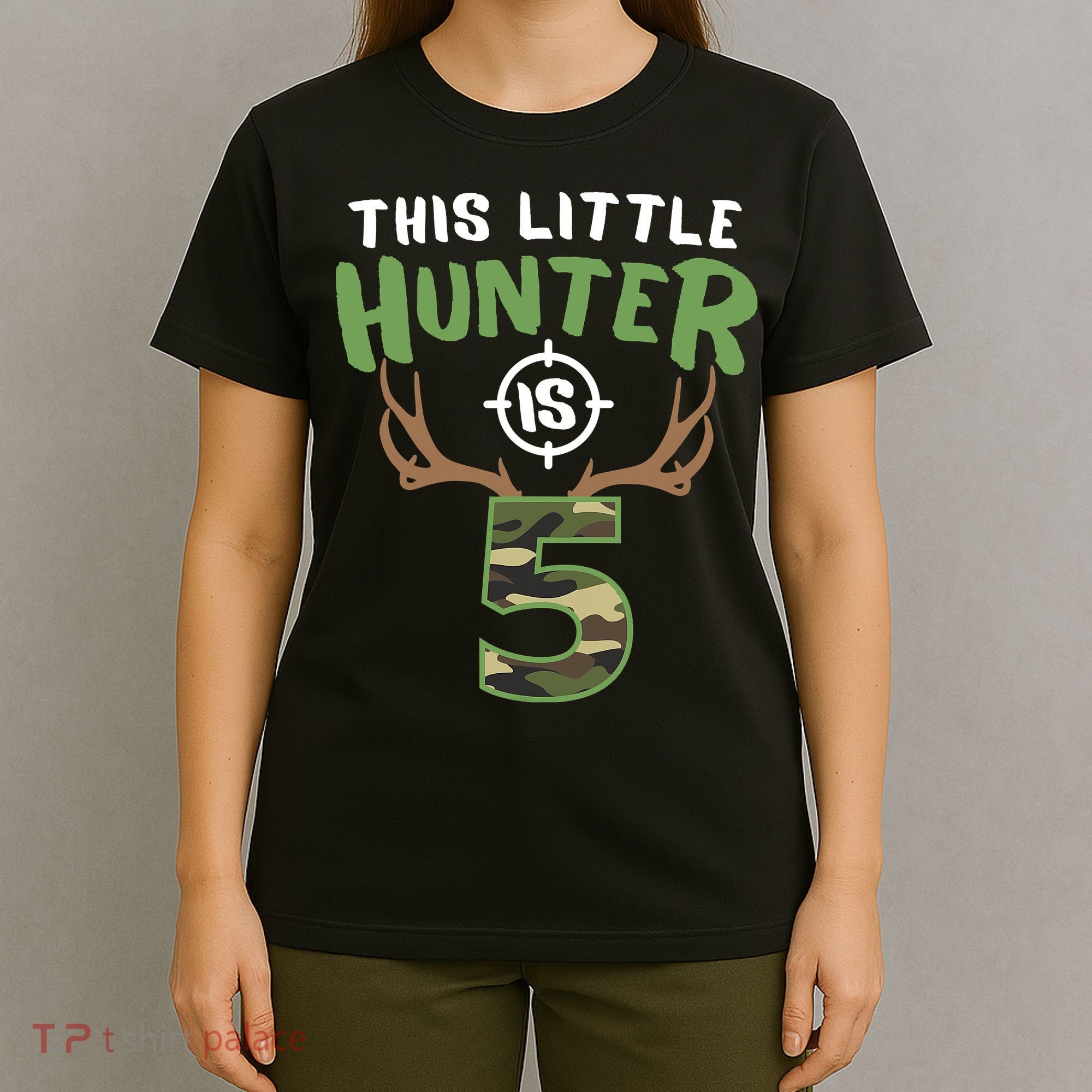Little Hunter Is 5 Birthday Boys 5th Birthday Deer Hunter T-Shirt