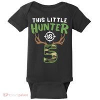 Little Hunter Is 5 Birthday Boys 5th Birthday Deer Hunter Baby Bodysuit thumb 0