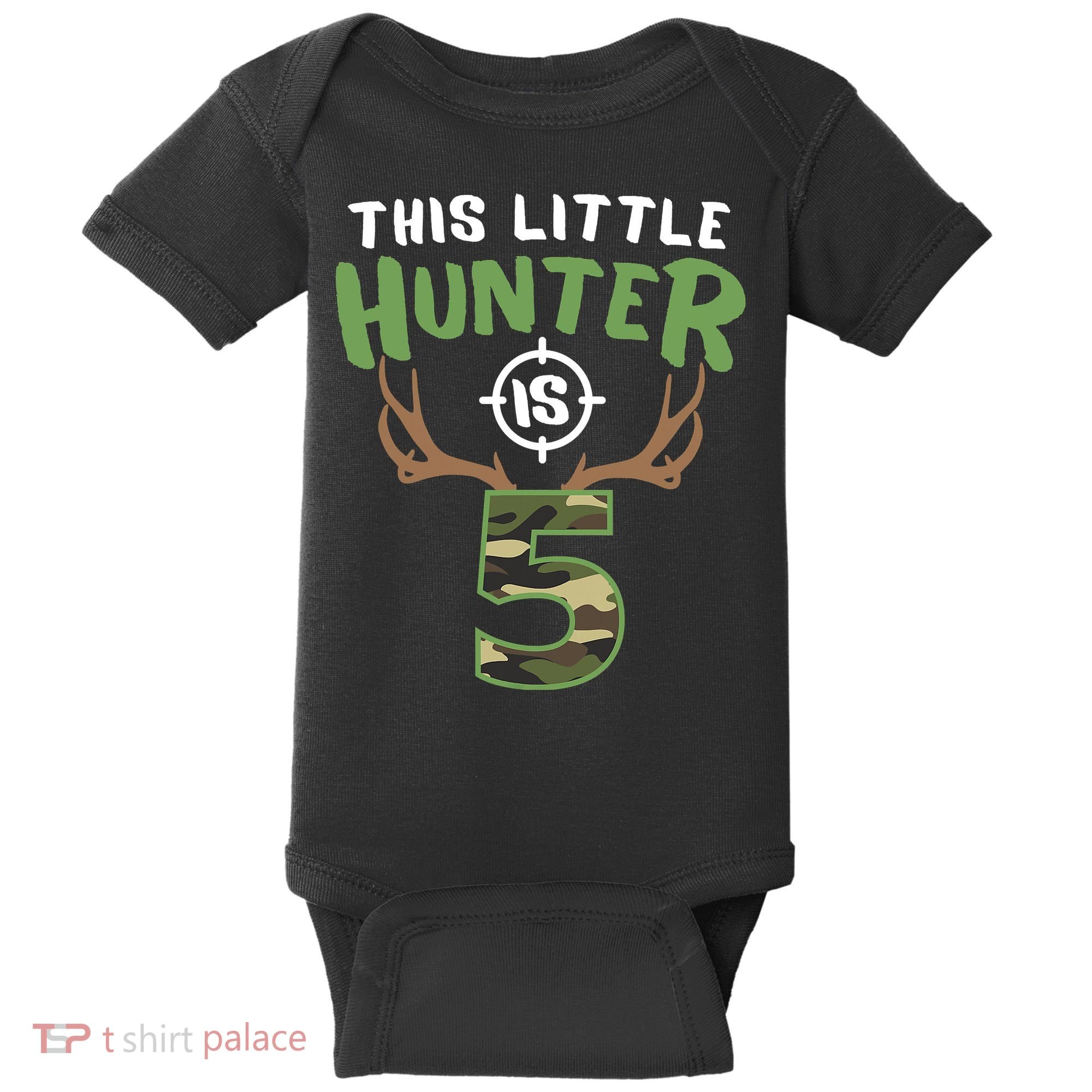 Little Hunter Is 5 Birthday Boys 5th Birthday Deer Hunter Baby Bodysuit