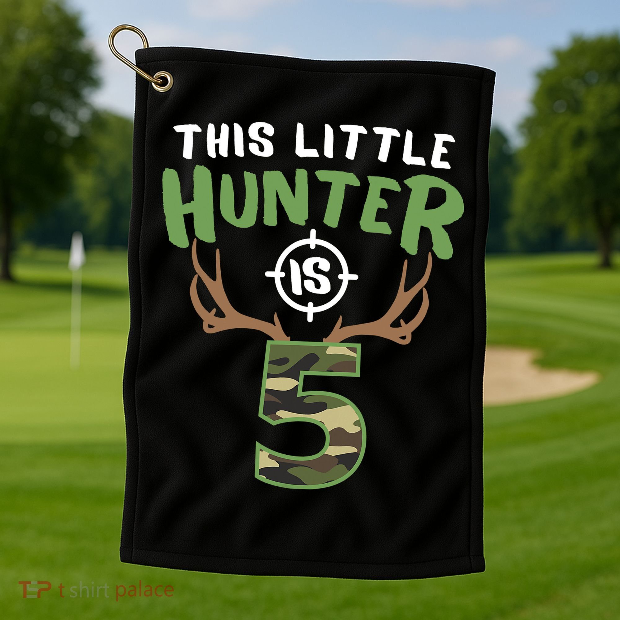 Little Hunter Is 5 Birthday Boys 5th Birthday Deer Hunter Golf Towel