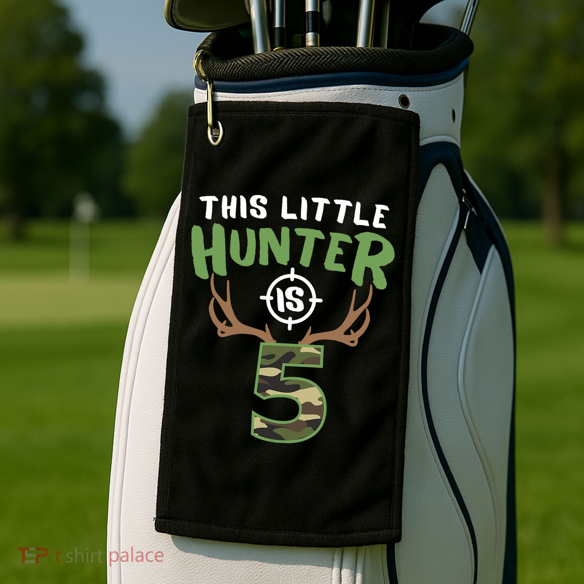 Little Hunter Is 5 Birthday Boys 5th Birthday Deer Hunter Golf Towel