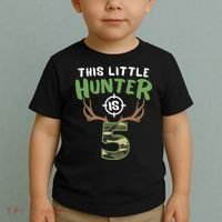 Little Hunter Is 5 Birthday Boys 5th Birthday Deer Hunter Toddler T-Shirt thumb 2