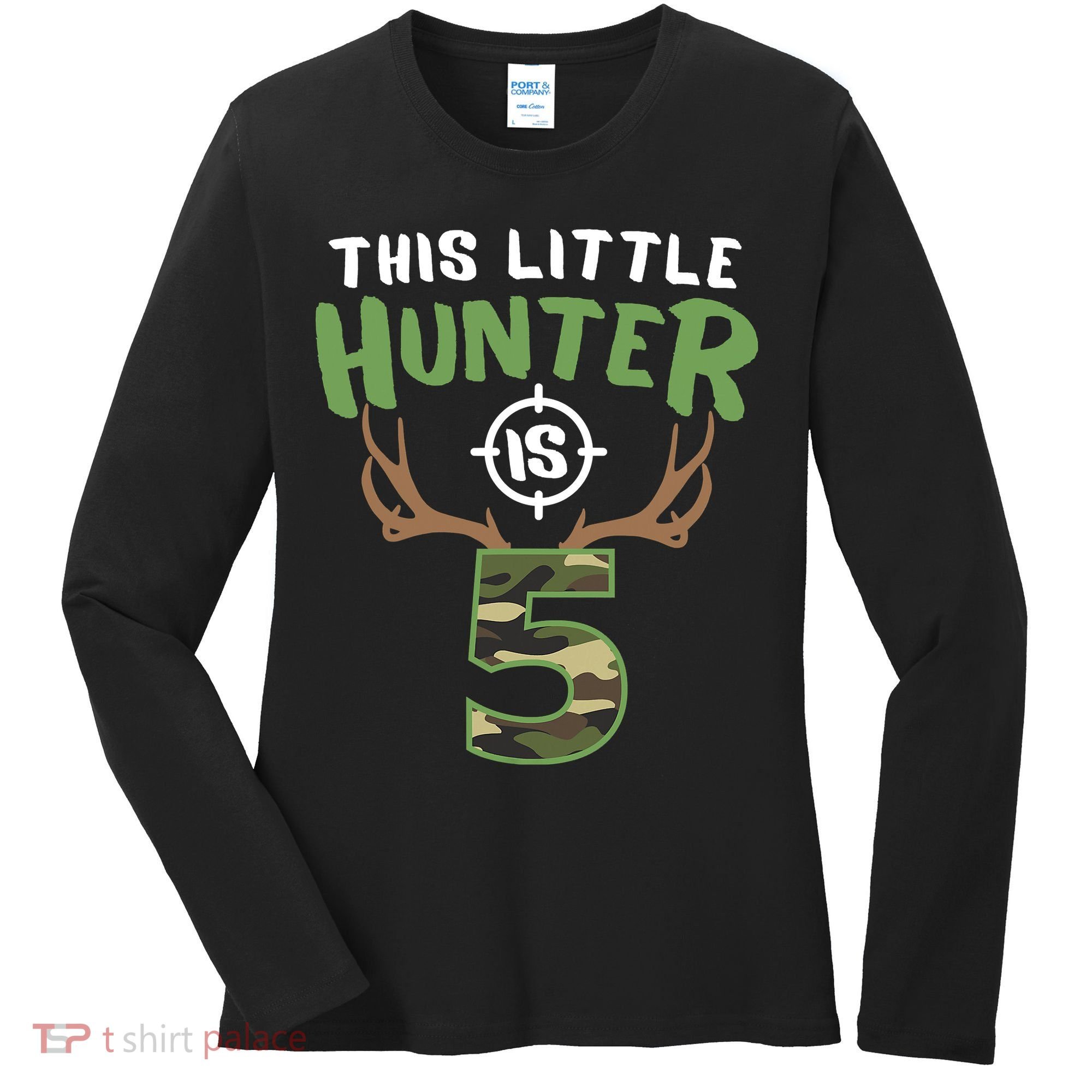 Little Hunter Is 5 Birthday Boys 5th Birthday Deer Hunter Women's Long Sleeve Shirt