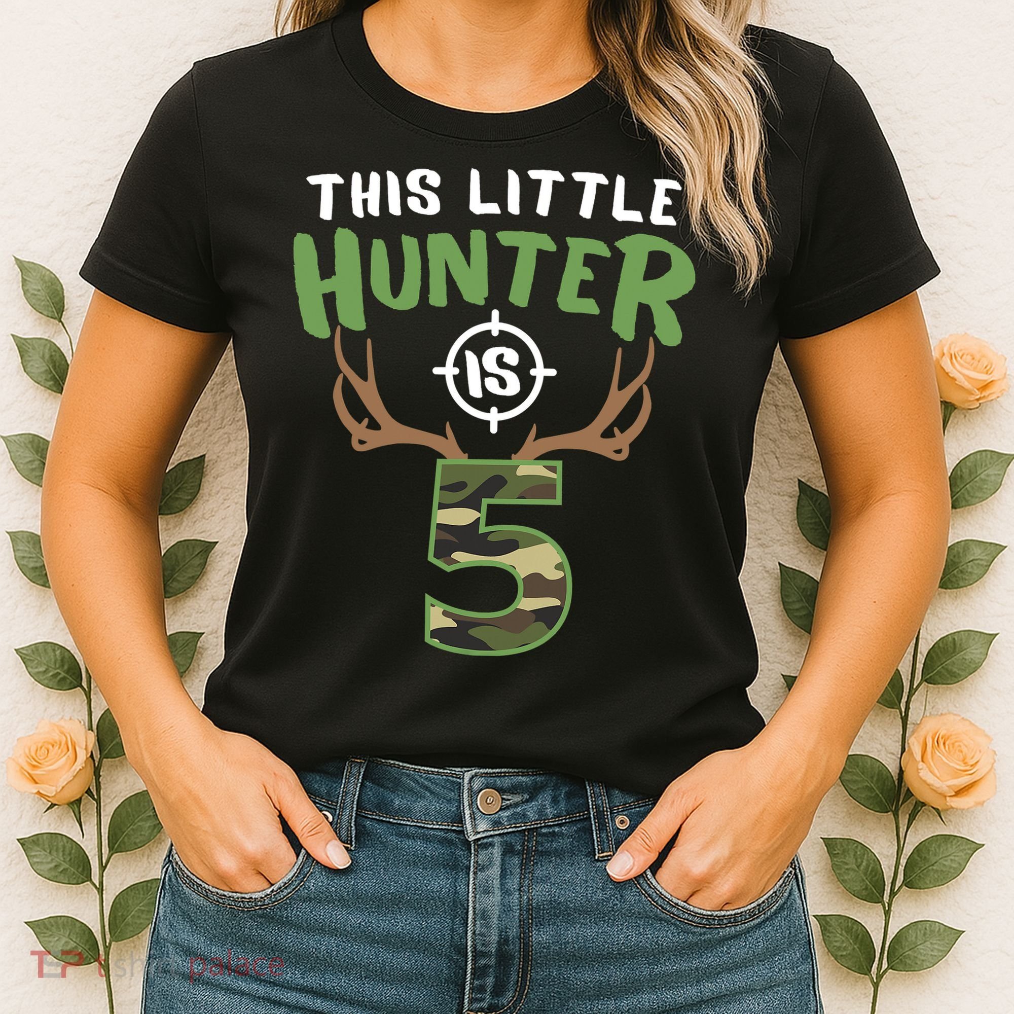 Little Hunter Is 5 Birthday Boys 5th Birthday Deer Hunter Women's T-Shirt