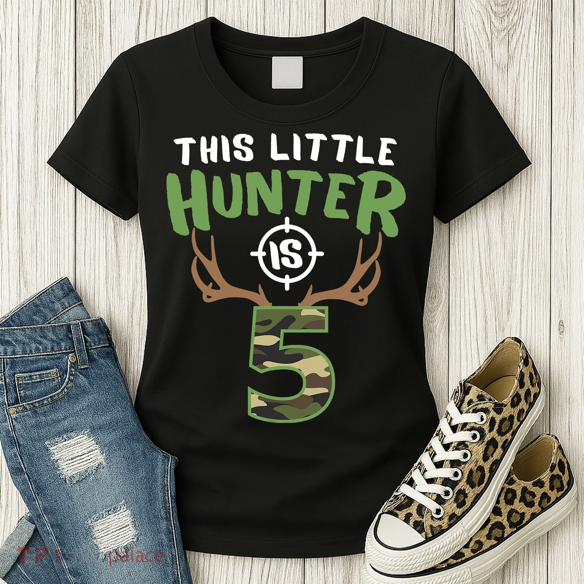 Little Hunter Is 5 Birthday Boys 5th Birthday Deer Hunter Women's T-Shirt