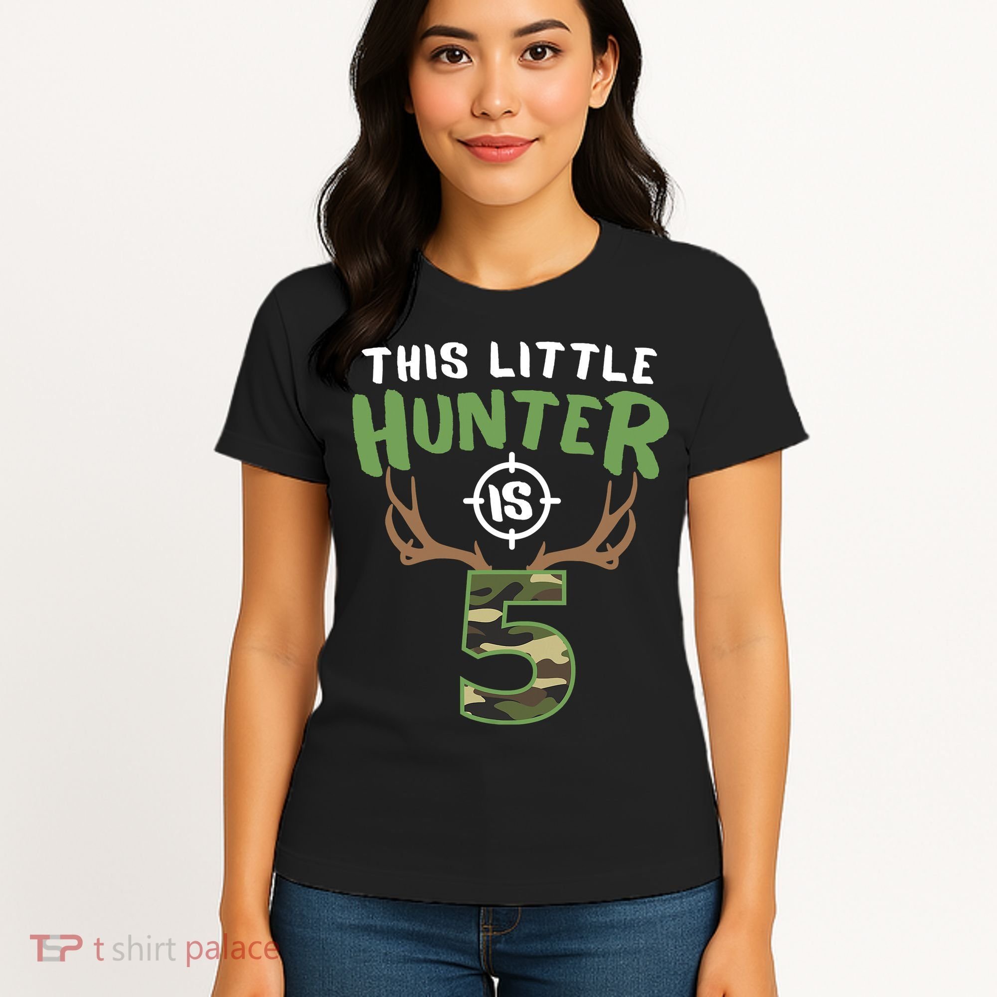 Little Hunter Is 5 Birthday Boys 5th Birthday Deer Hunter Women's T-Shirt