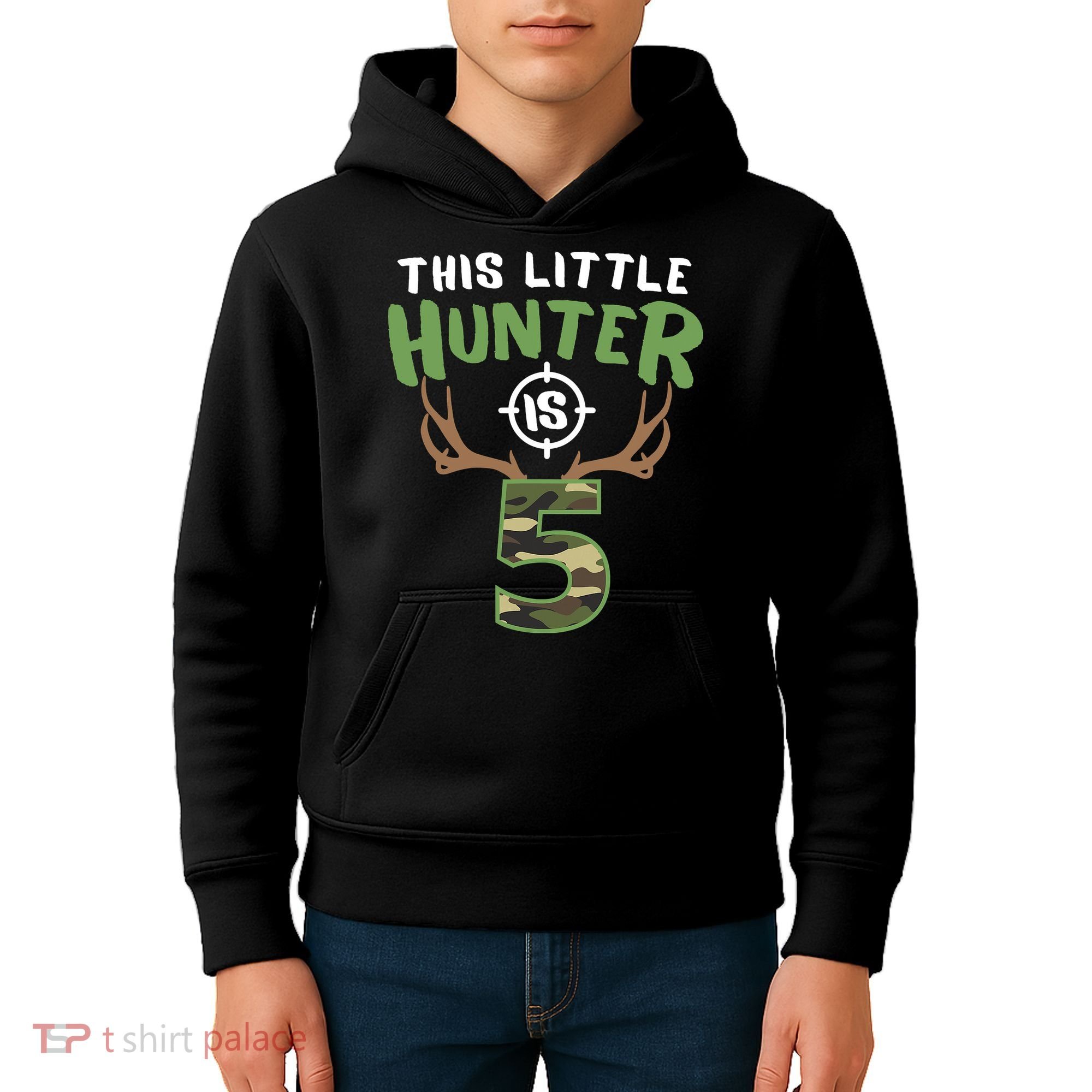 Little Hunter Is 5 Birthday Boys 5th Birthday Deer Hunter Kids Hoodie