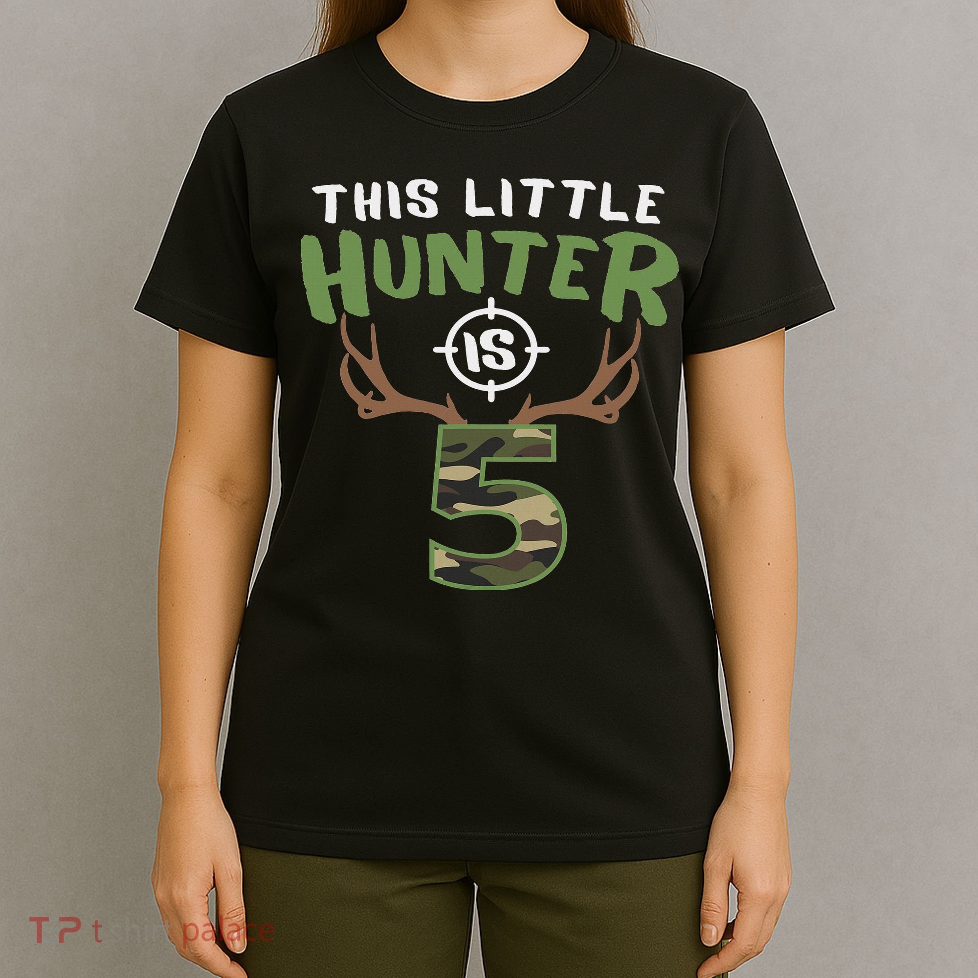 Little Hunter Is 5 Birthday 5th Birthday Deer Hunter T-Shirt