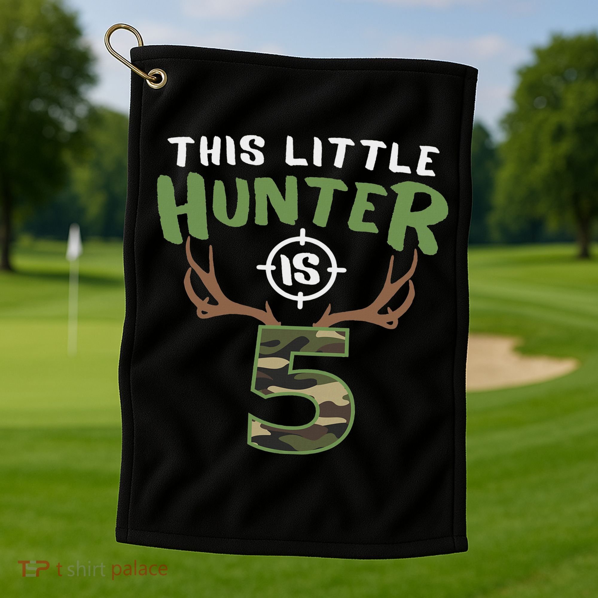 Little Hunter Is 5 Birthday 5th Birthday Deer Hunter Golf Towel
