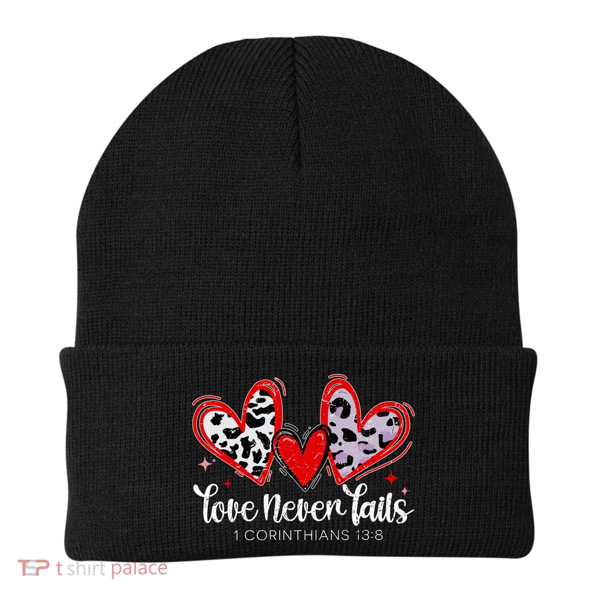 Leopard Heart Love Never Fails Christian ValentineS Day Gift Beanie