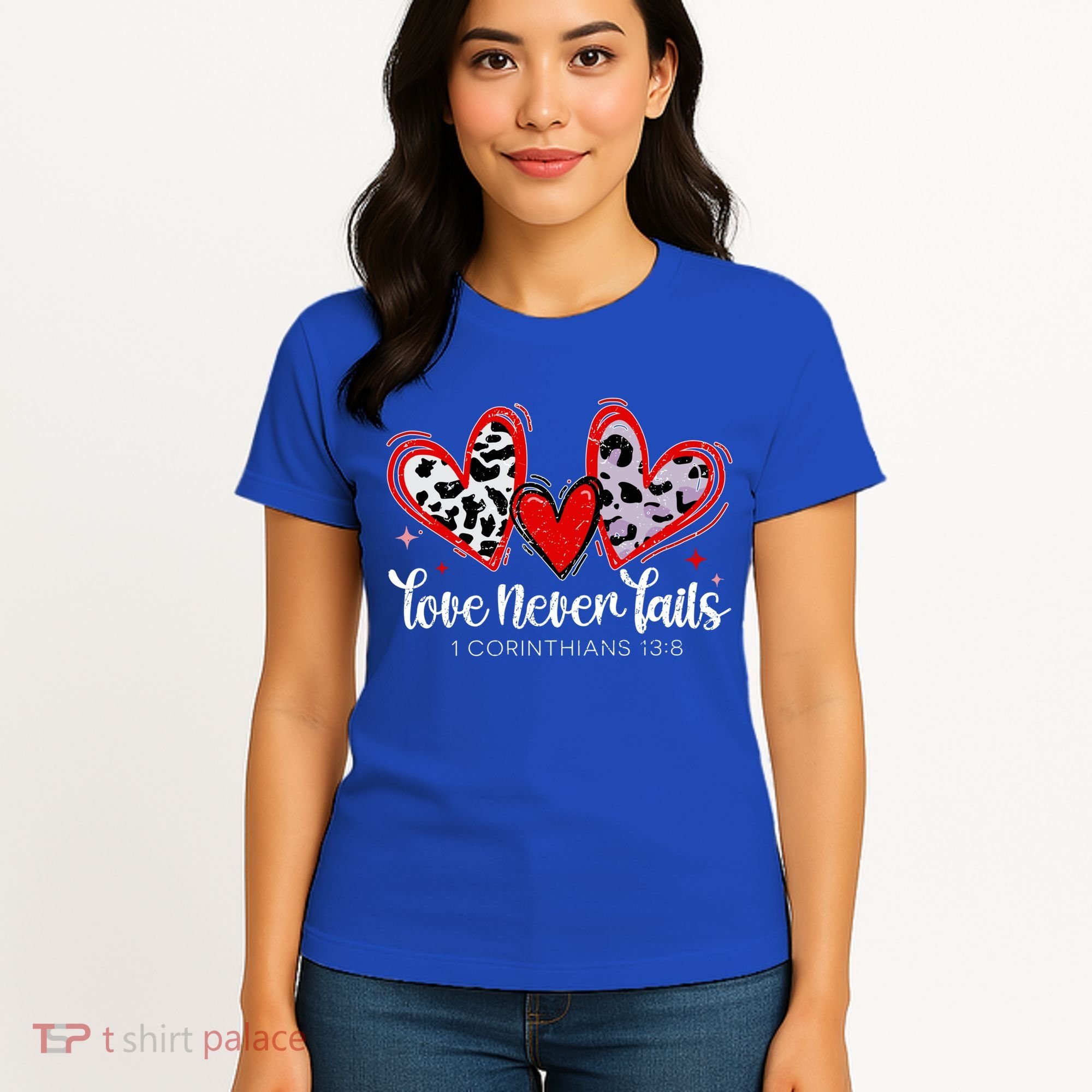 Leopard Heart Love Never Fails Christian ValentineS Day Gift Women's T-Shirt