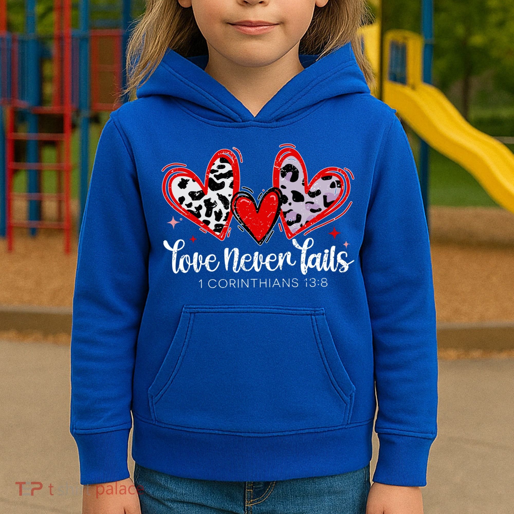 Leopard Heart Love Never Fails Christian ValentineS Day Gift Kids Hoodie