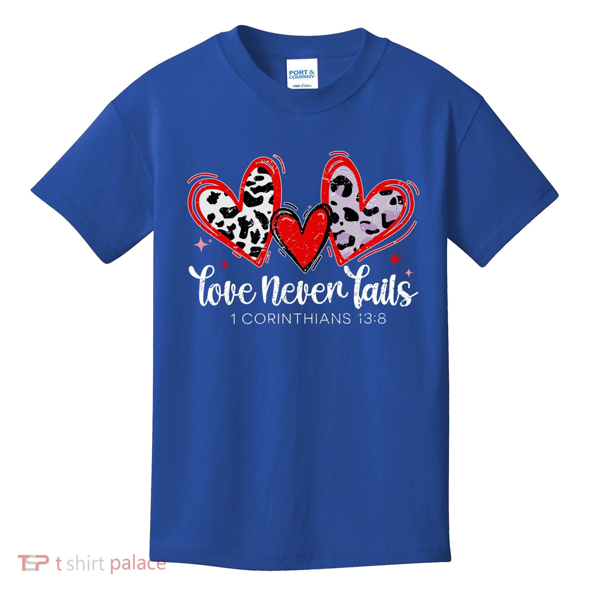Leopard Heart Love Never Fails Christian ValentineS Day Gift Kids T-Shirt