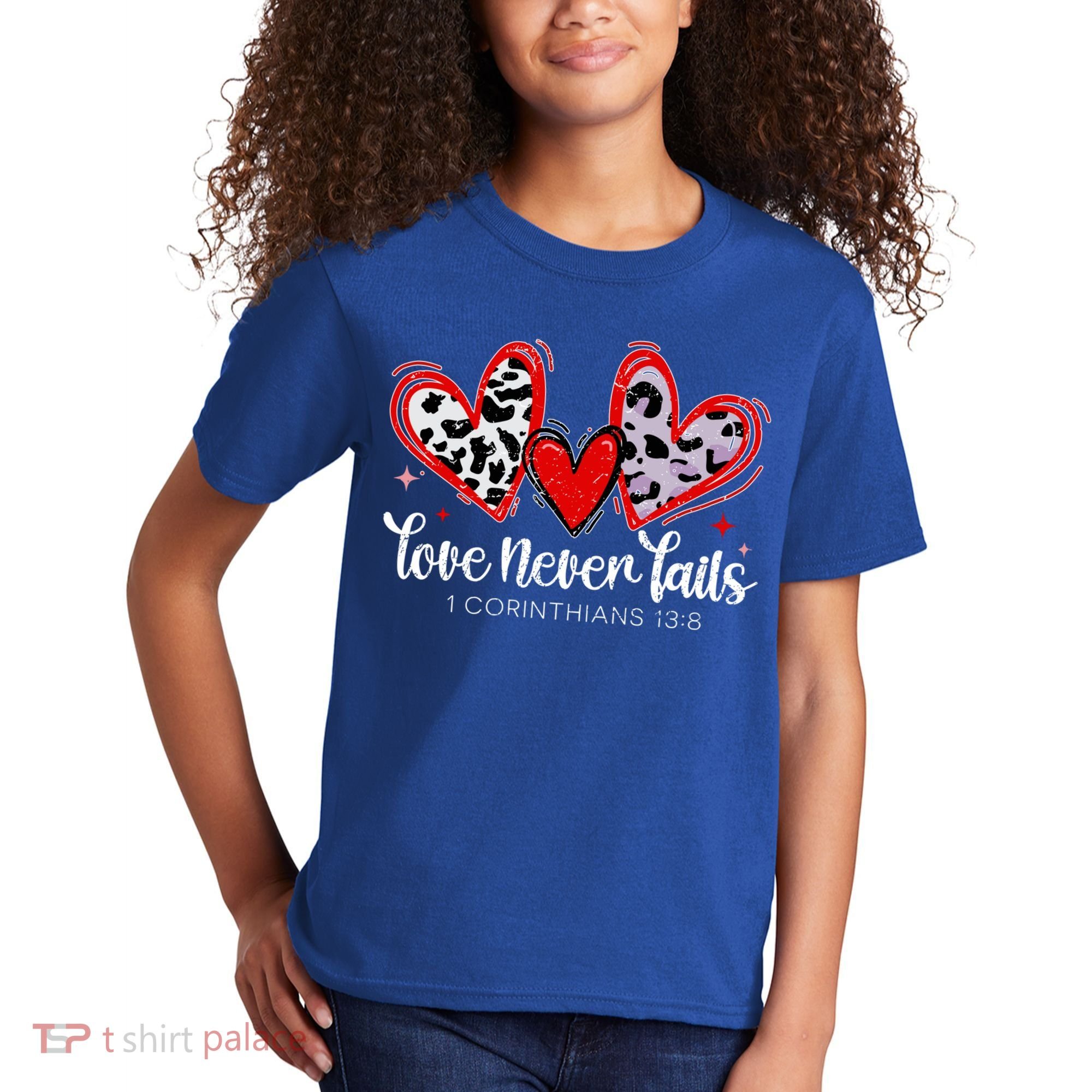 Leopard Heart Love Never Fails Christian ValentineS Day Gift Kids T-Shirt