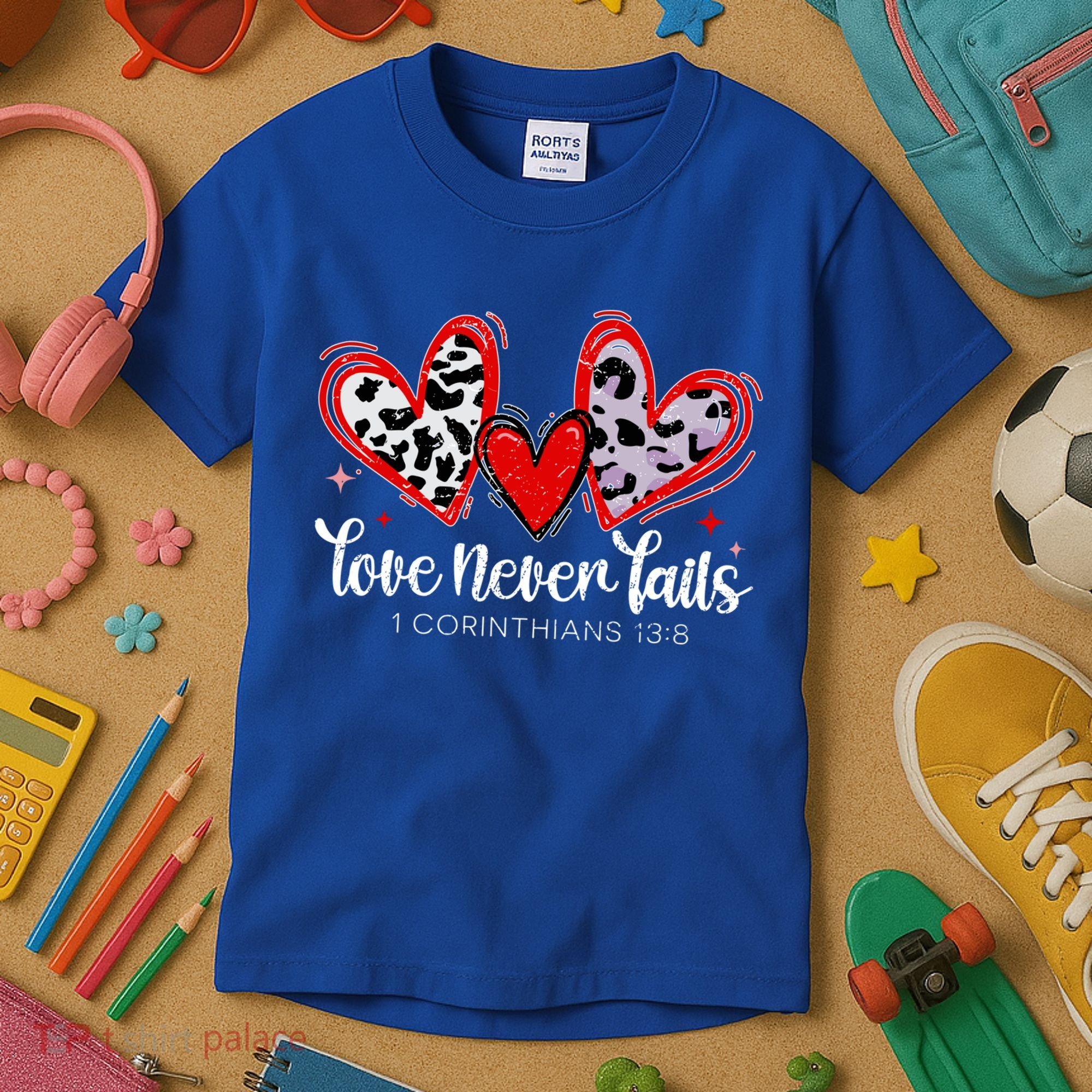 Leopard Heart Love Never Fails Christian ValentineS Day Gift Kids T-Shirt
