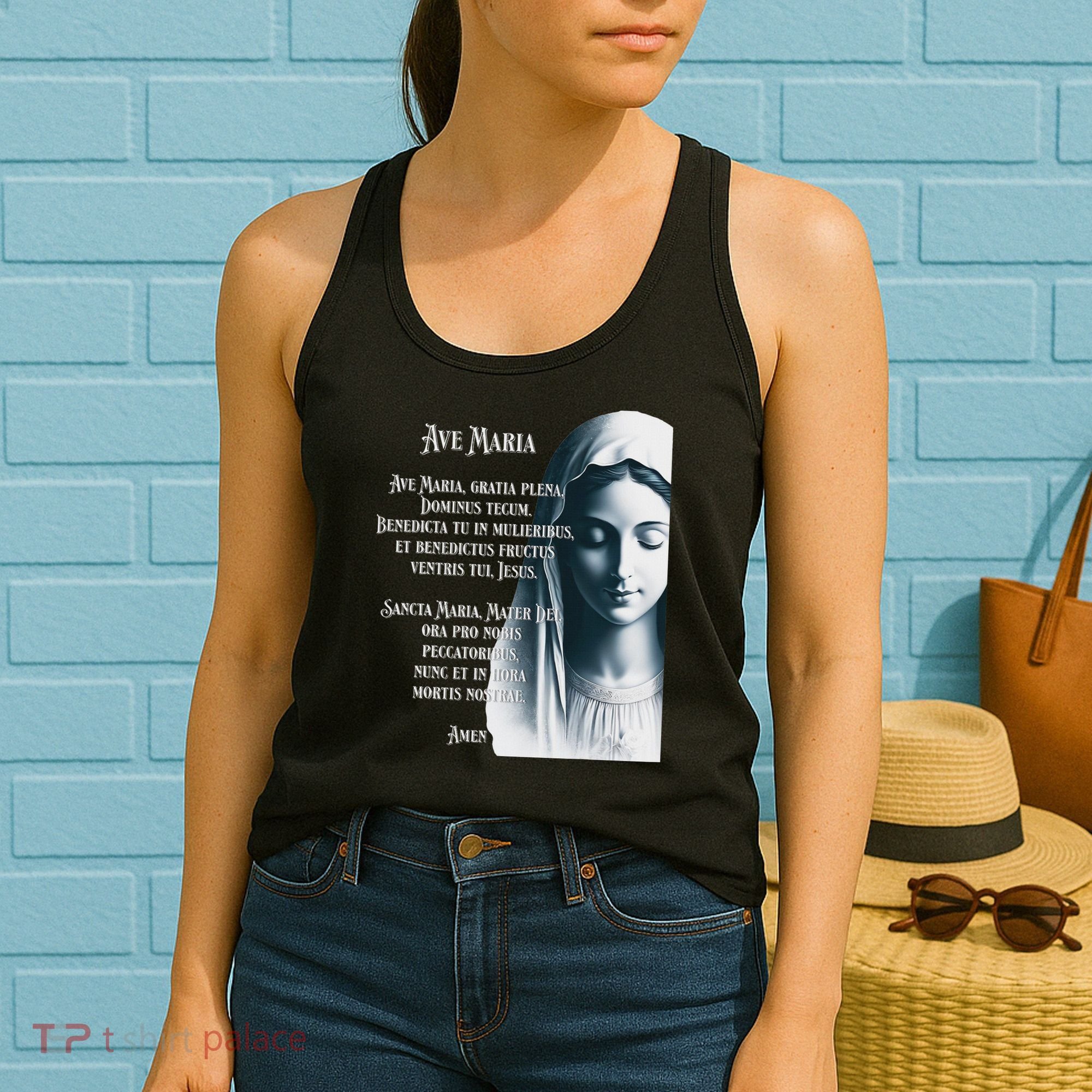 Latin Hail Mary Blessed Mother Rosary Prayer Women's Tank Top