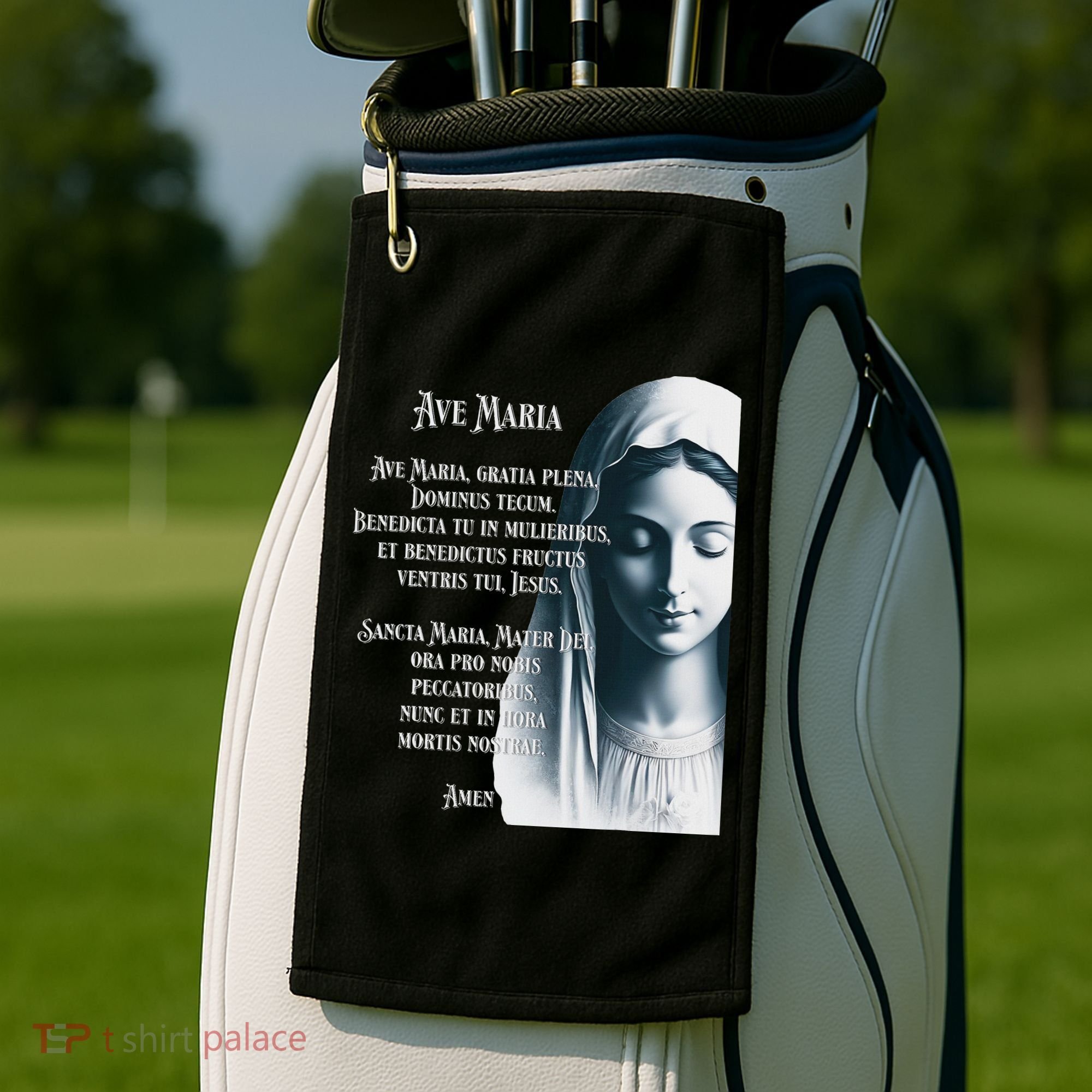 Latin Hail Mary Blessed Mother Rosary Prayer Golf Towel