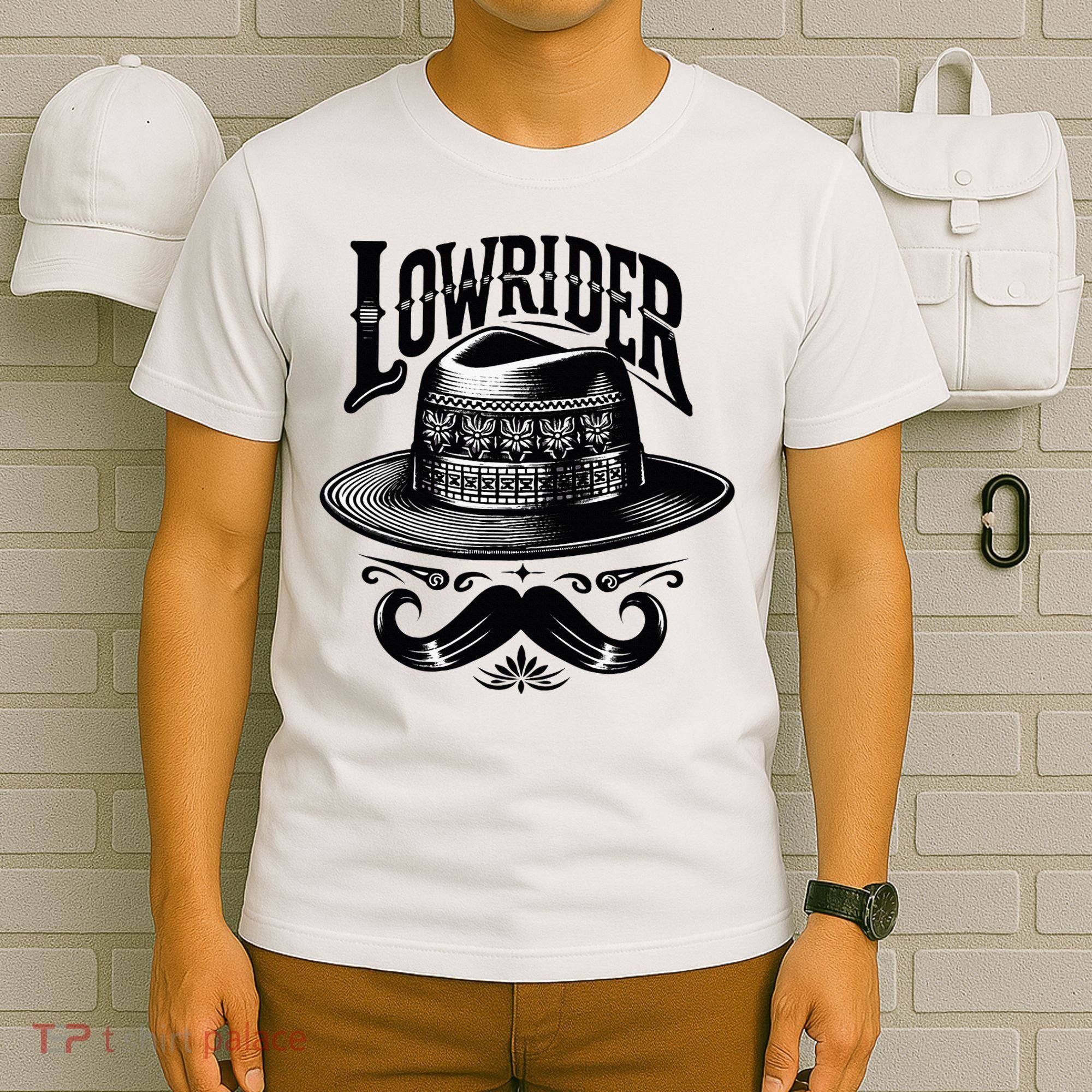 Lowrider Hat Moustache Chicano Cholo Latino Low Rider T-Shirt