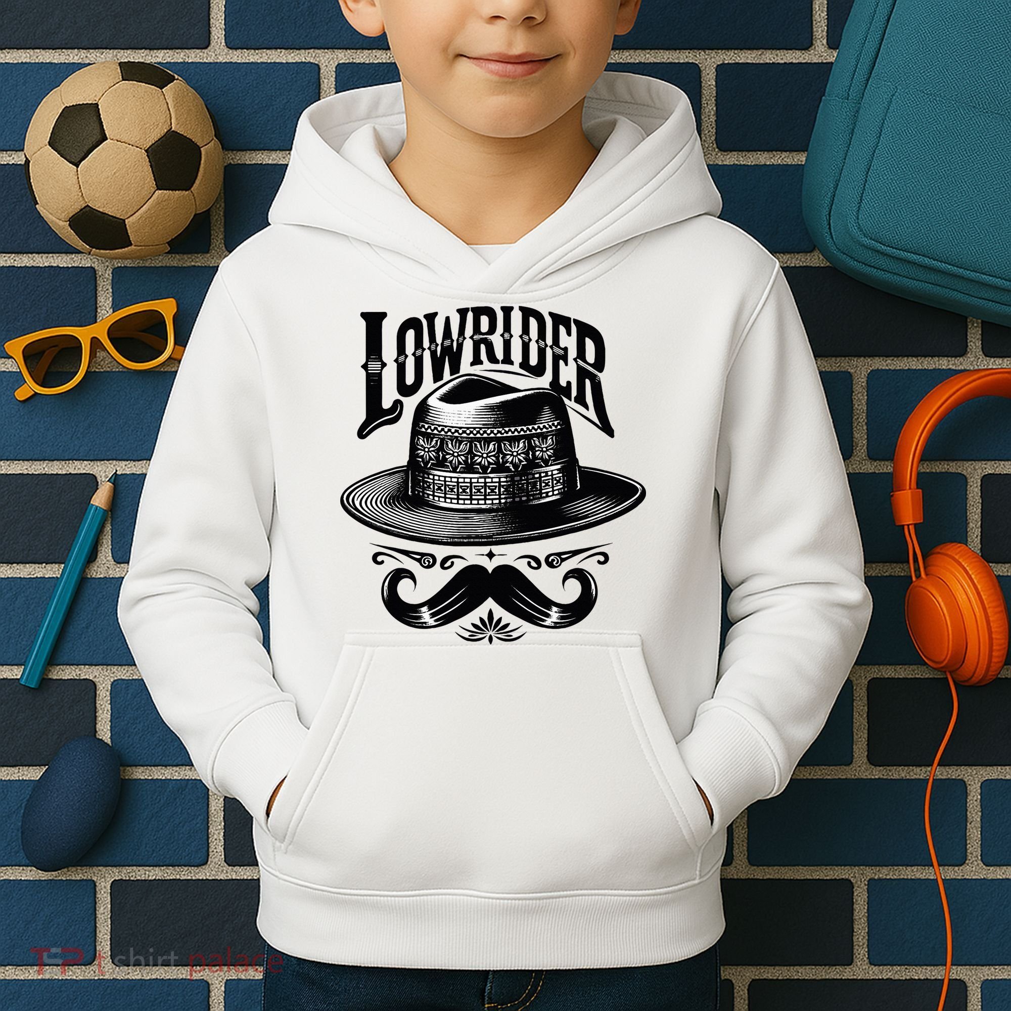 Lowrider Hat Moustache Chicano Cholo Latino Low Rider Kids Hoodie