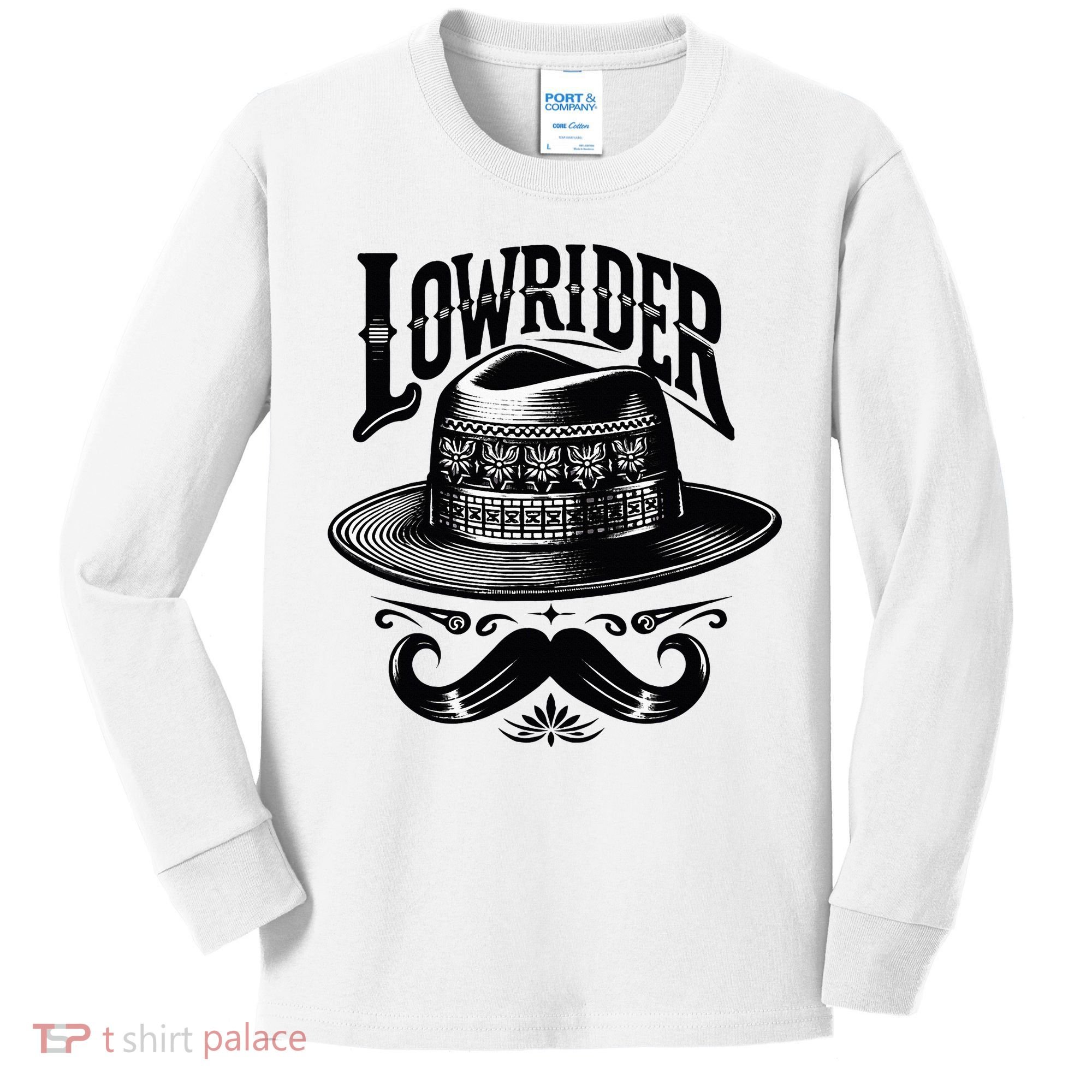 Lowrider Hat Moustache Chicano Cholo Latino Low Rider Kids Long Sleeve Shirt