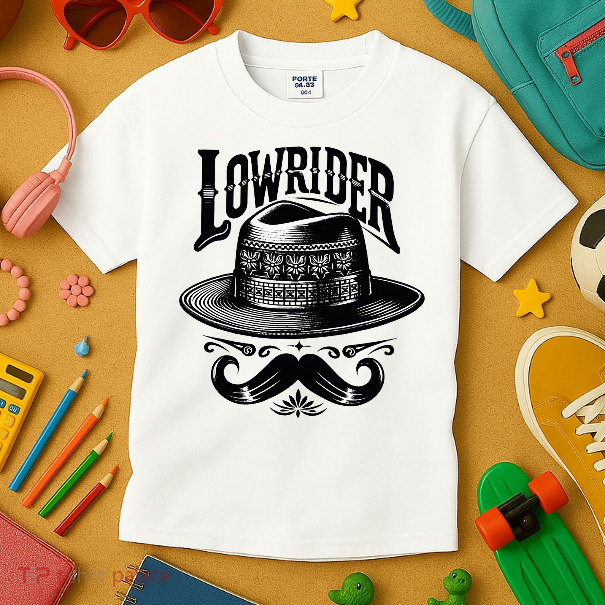 Lowrider Hat Moustache Chicano Cholo Latino Low Rider Kids T-Shirt