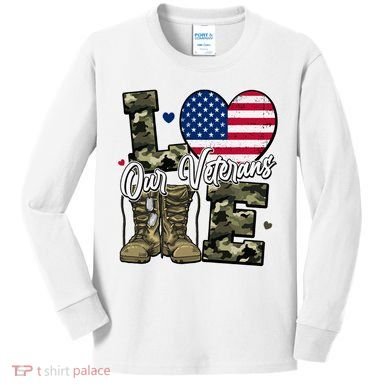 Love Heart Our Veterans Support Veterans Kids Long Sleeve Shirt