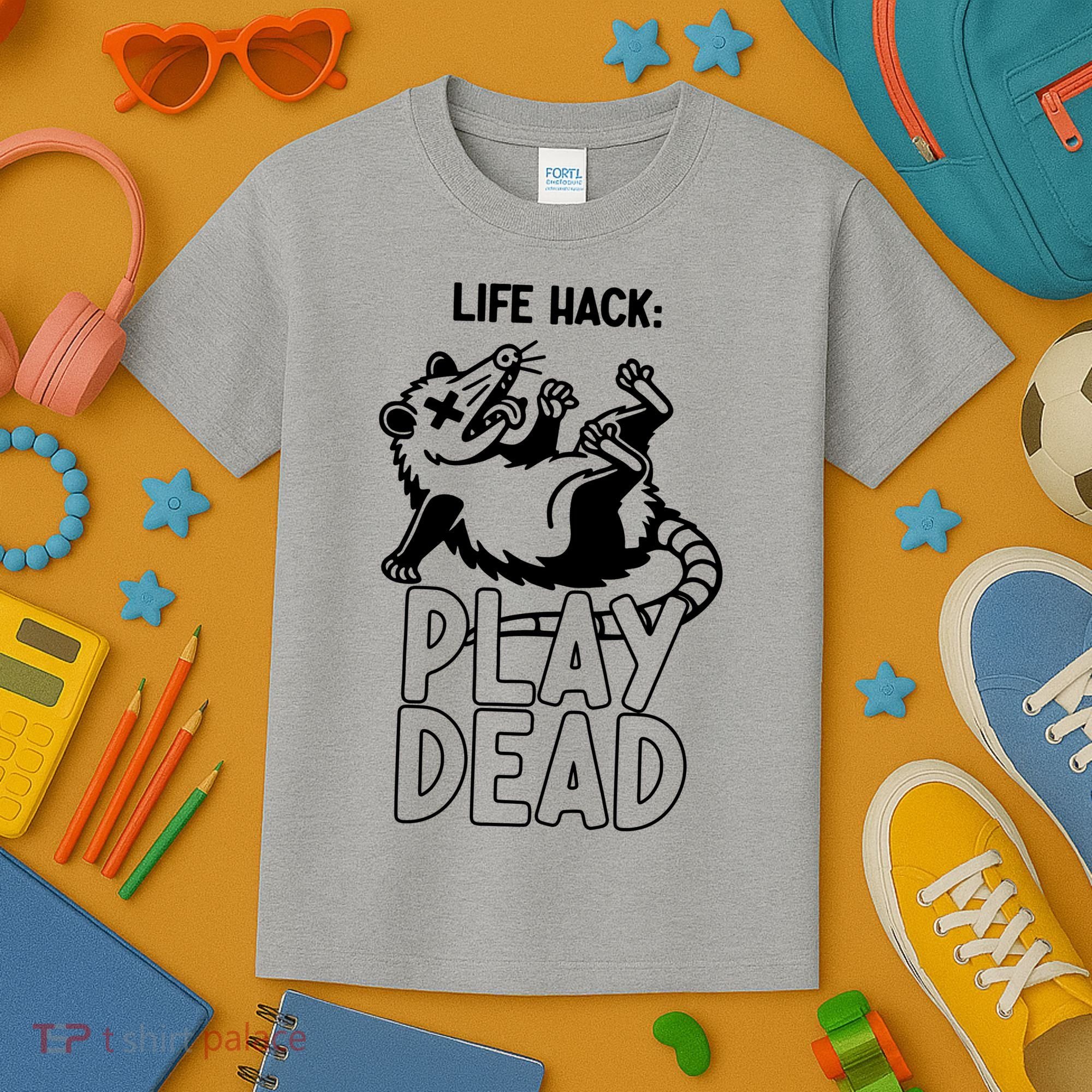 Life Hack Play Dead Funny Opossum Meme Kids T-Shirt