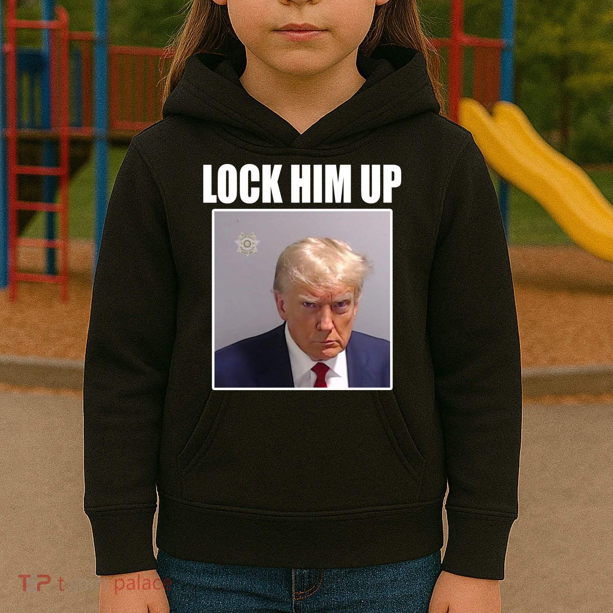 Lock Him Up Donald Trump Mugshot Kids Hoodie