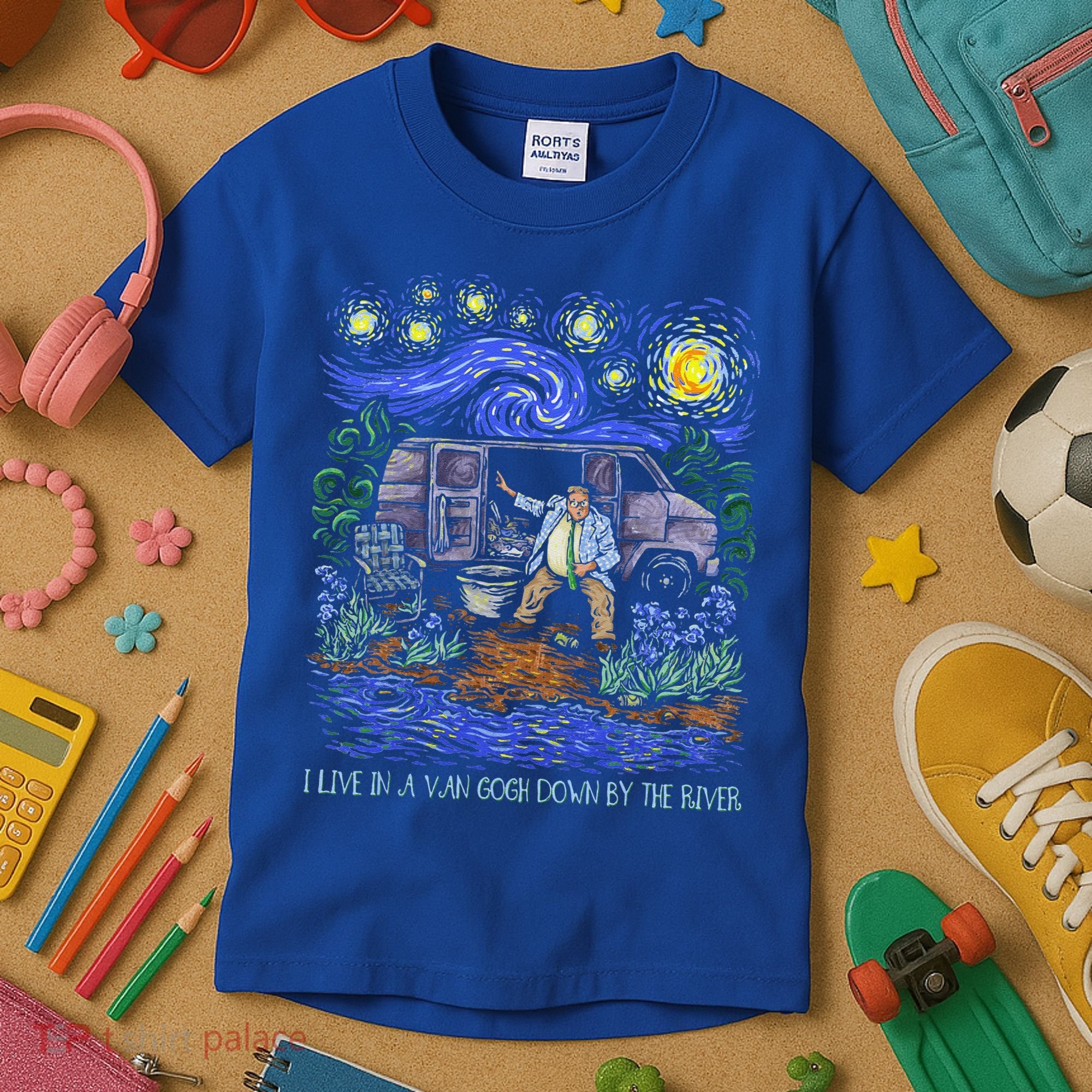 Livin In A Van Down By The River Starry Night Van Gogh Tee Kids T-Shirt