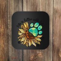 Life Is Better With Dogs’ Sublimation Featuring Dog Paws & Western Sunflowers Coaster thumb 0