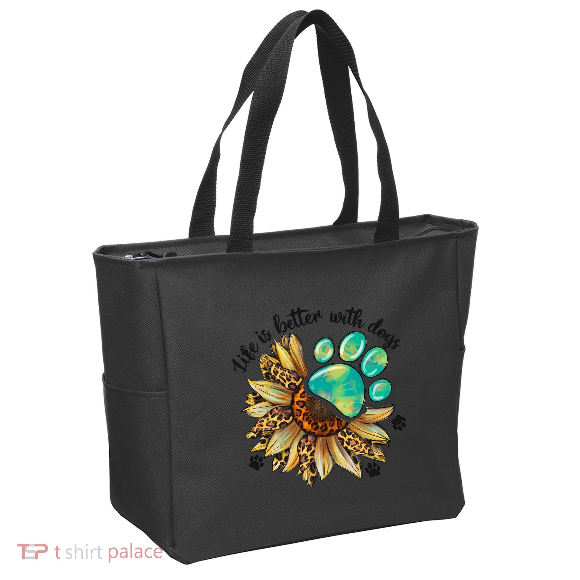 Life Is Better With Dogs’ Sublimation Featuring Dog Paws & Western Sunflowers Tote Bag