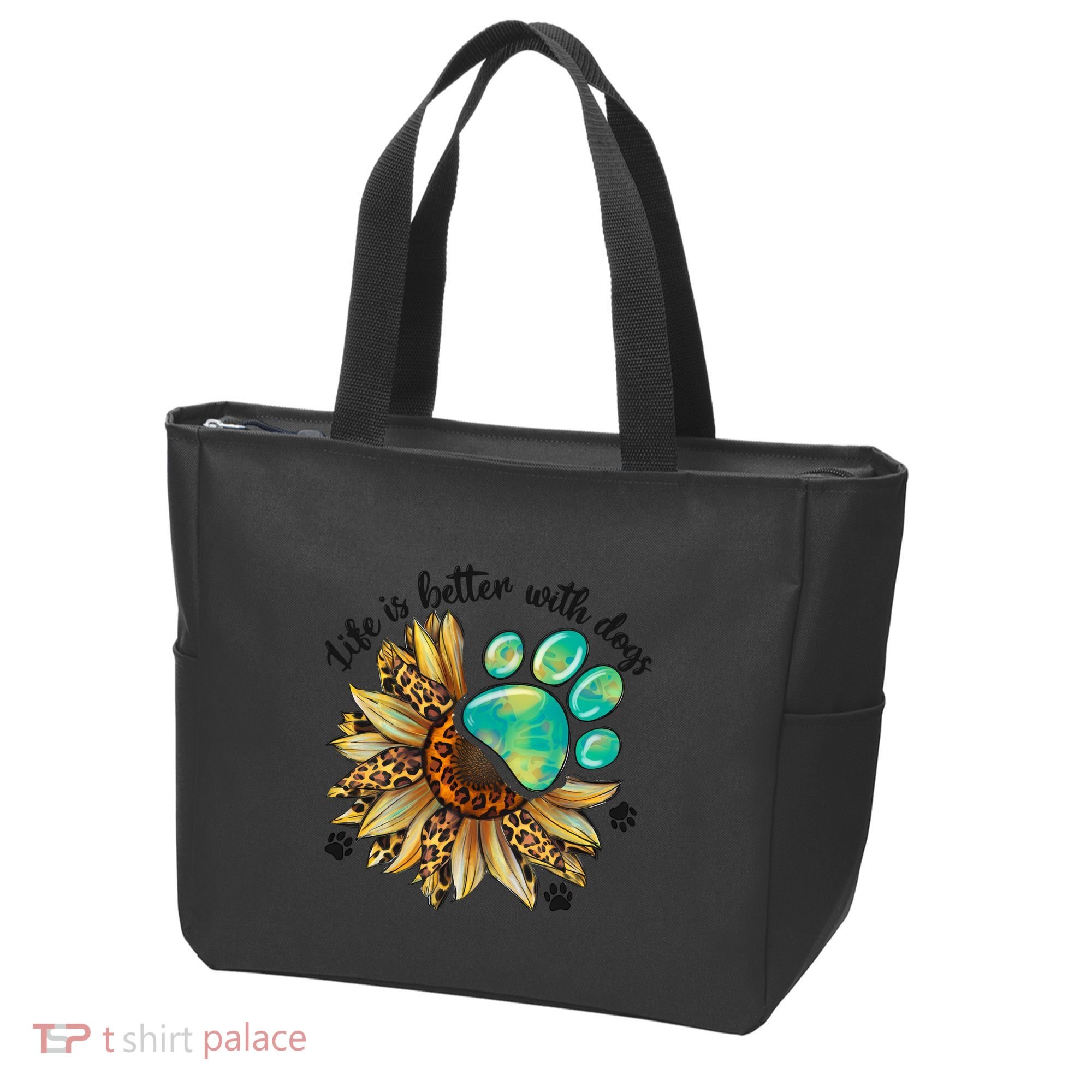 Life Is Better With Dogs’ Sublimation Featuring Dog Paws & Western Sunflowers Tote Bag