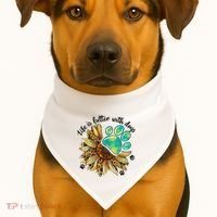 Life Is Better With Dogs’ Sublimation Featuring Dog Paws & Western Sunflowers USA-Made Doggie Bandana thumb 1