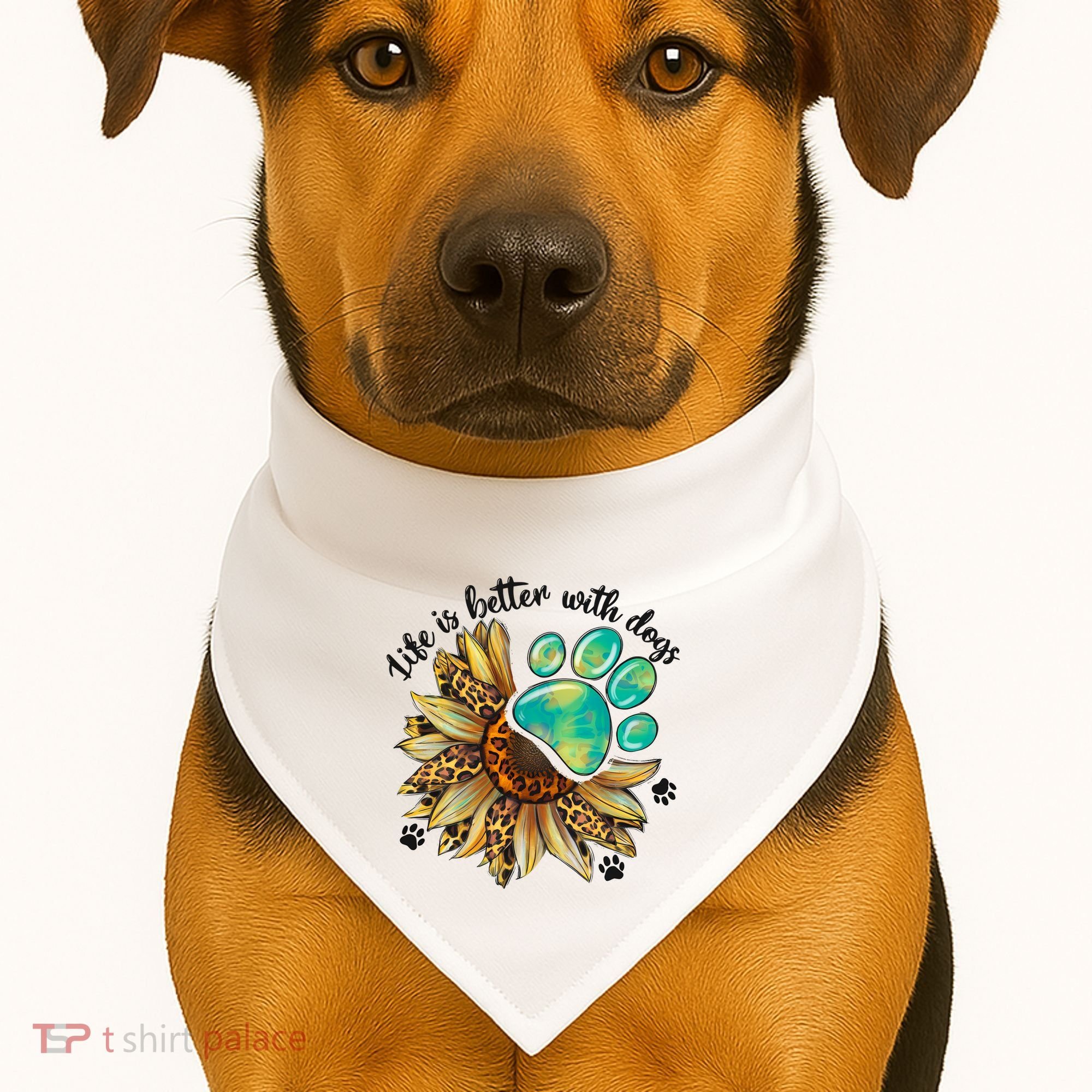 Life Is Better With Dogs’ Sublimation Featuring Dog Paws & Western Sunflowers USA-Made Doggie Bandana