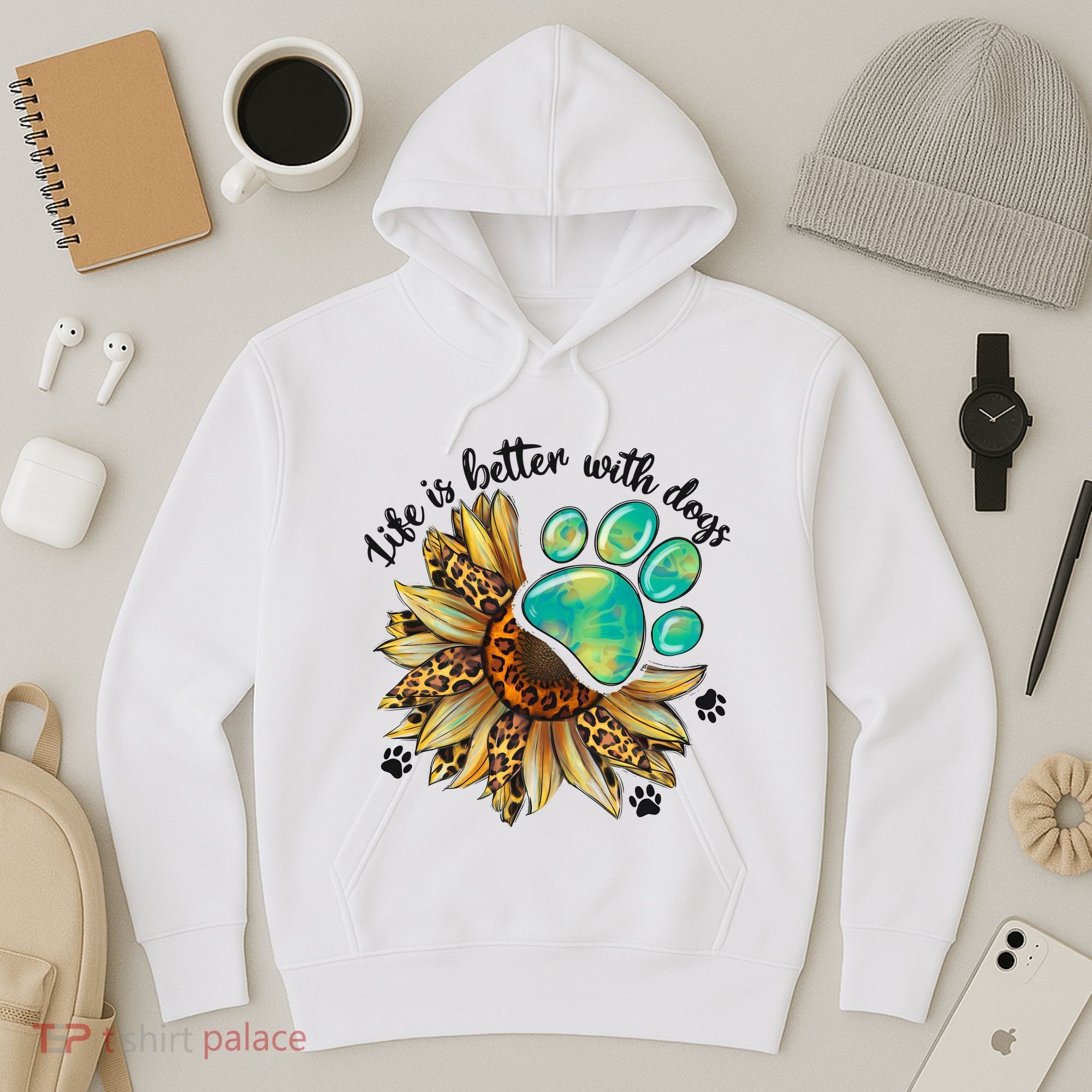 Life Is Better With Dogs’ Sublimation Featuring Dog Paws & Western Sunflowers Hoodie