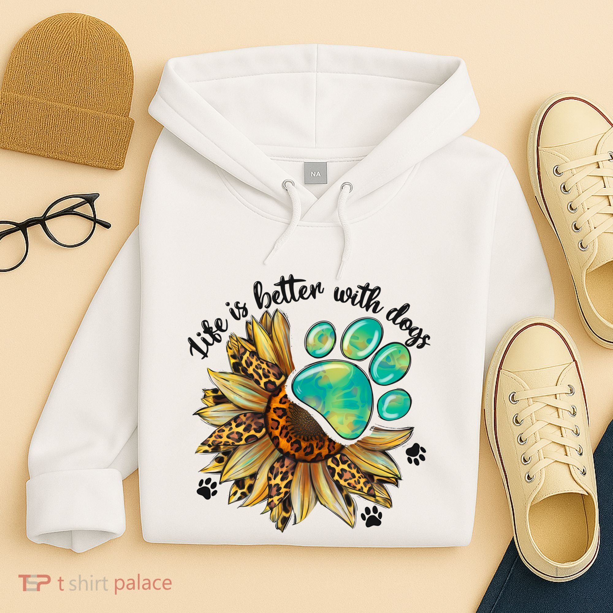 Life Is Better With Dogs’ Sublimation Featuring Dog Paws & Western Sunflowers Hoodie