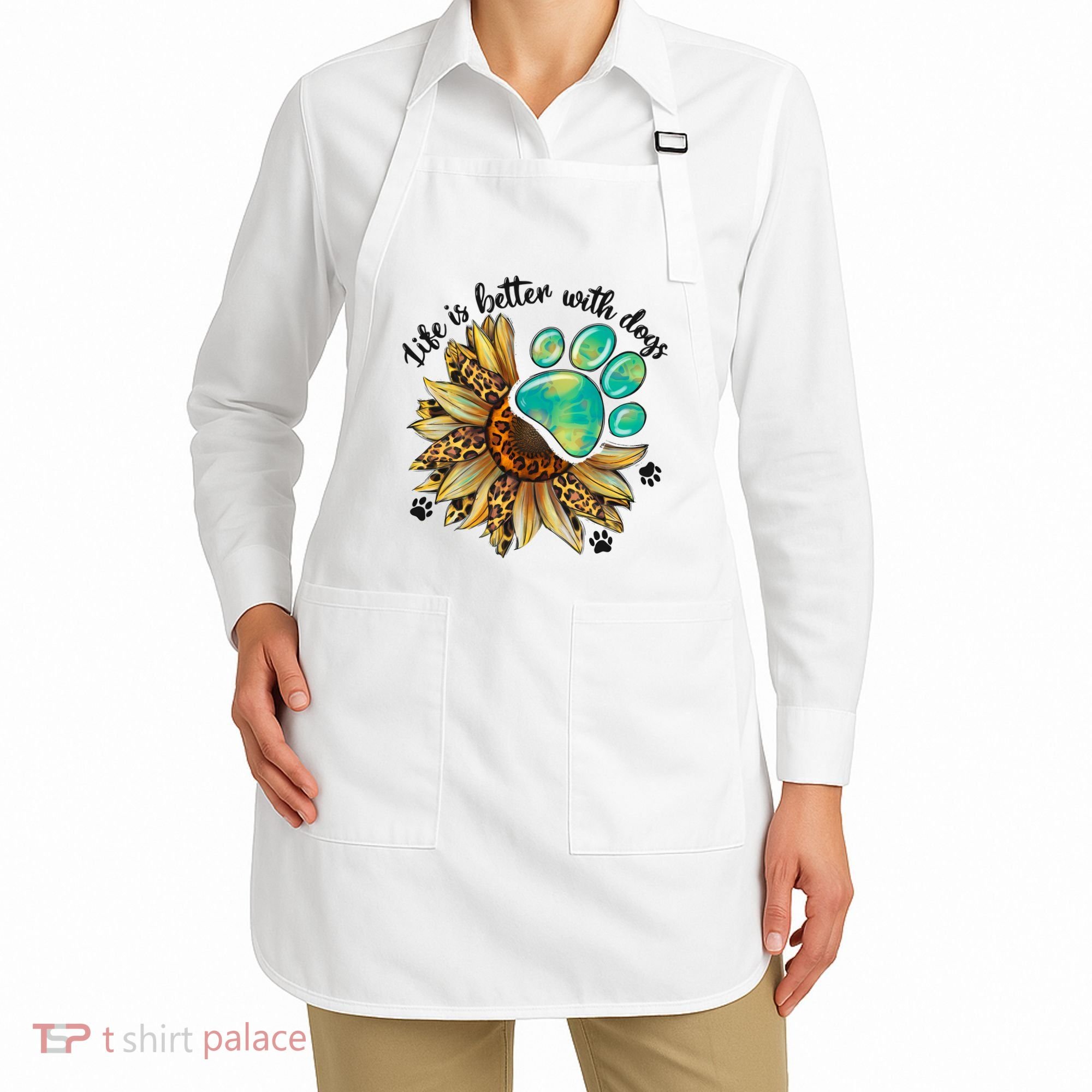 Life Is Better With Dogs’ Sublimation Featuring Dog Paws & Western Sunflowers Apron