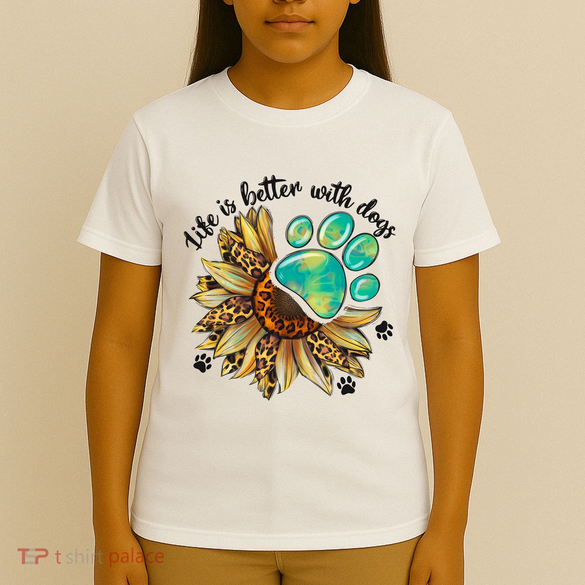 Life Is Better With Dogs’ Sublimation Featuring Dog Paws & Western Sunflowers T-Shirt