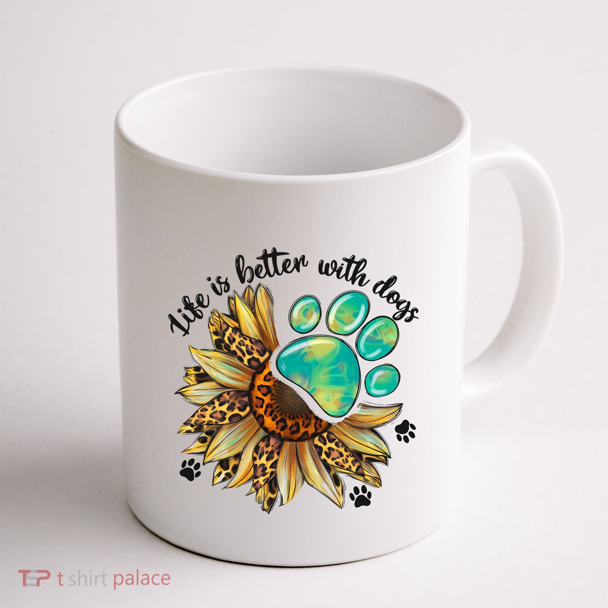 Life Is Better With Dogs’ Sublimation Featuring Dog Paws & Western Sunflowers Coffee Mug