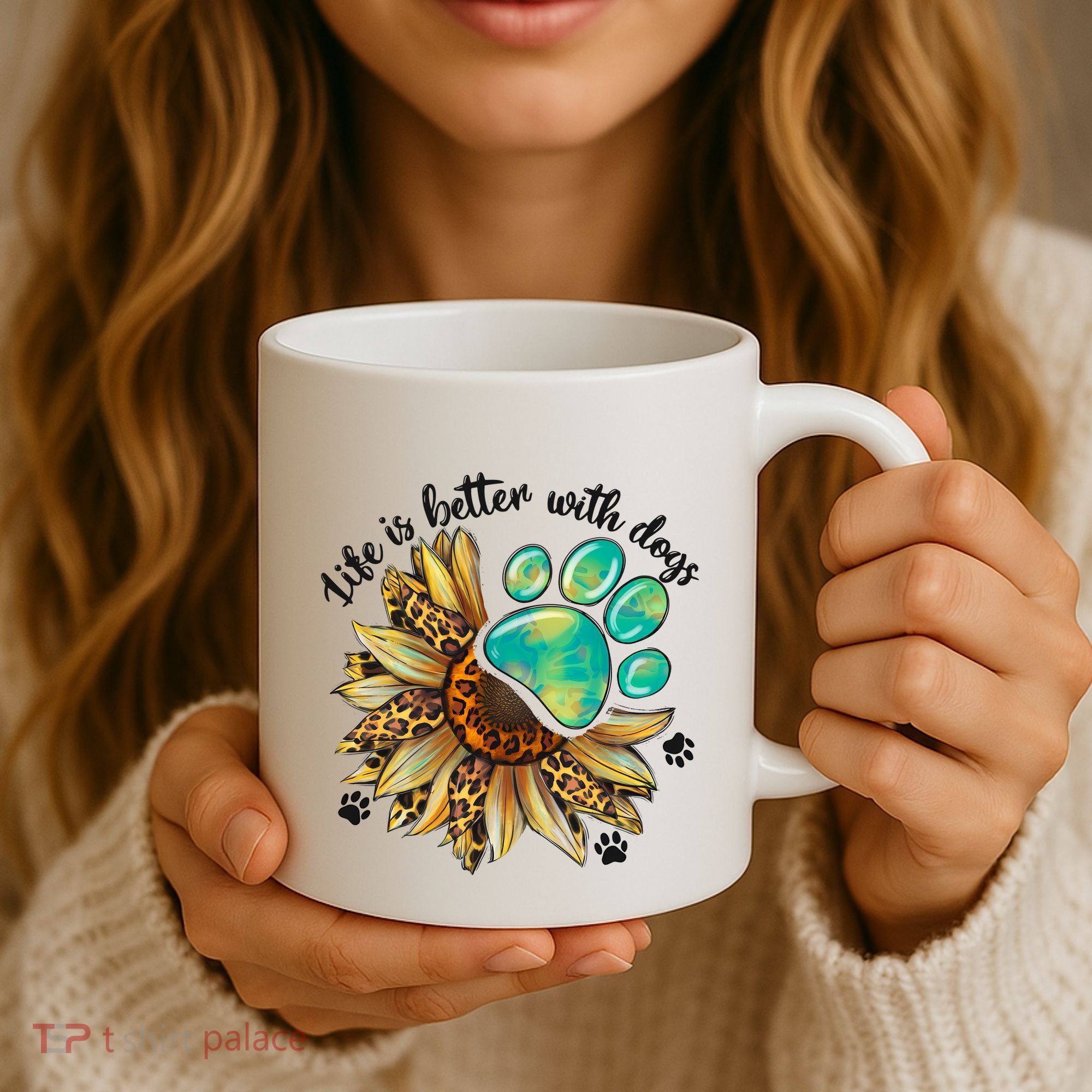 Life Is Better With Dogs’ Sublimation Featuring Dog Paws & Western Sunflowers Coffee Mug